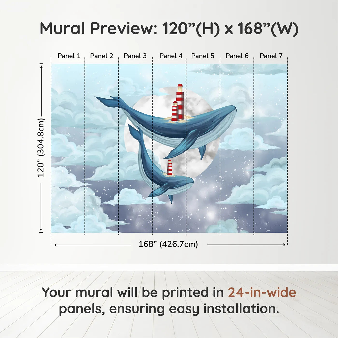Whimsy Tots Flying Lighthouse Whales Wall Muraldimension view (120" H x 168" W). Printed in seven 24-inch-wide panels. Gender-Neutral