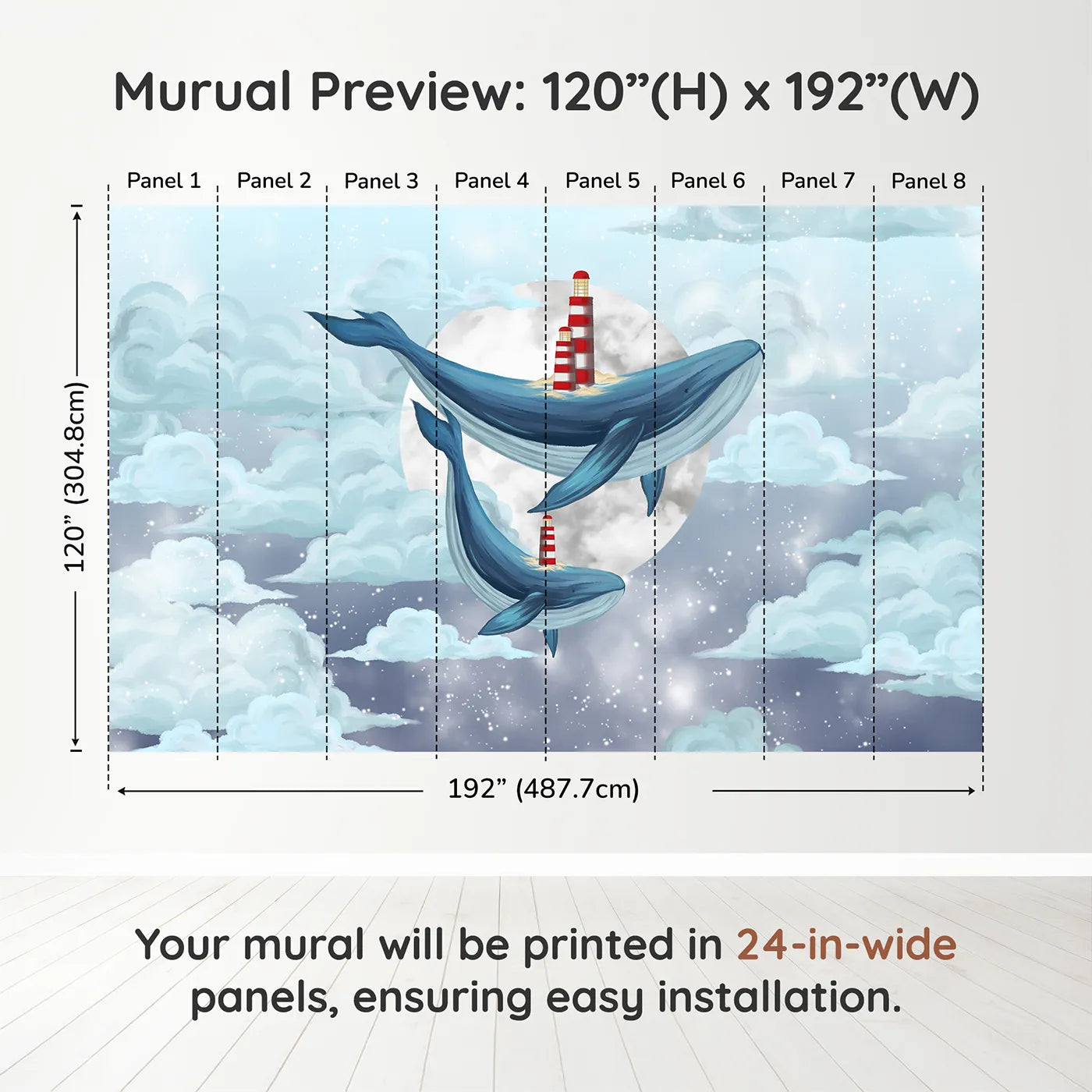Whimsy Tots Flying Lighthouse Whales Wall Muraldimension view (120" H x 192" W). Printed in eight 24-inch-wide panels. Gender-Neutral