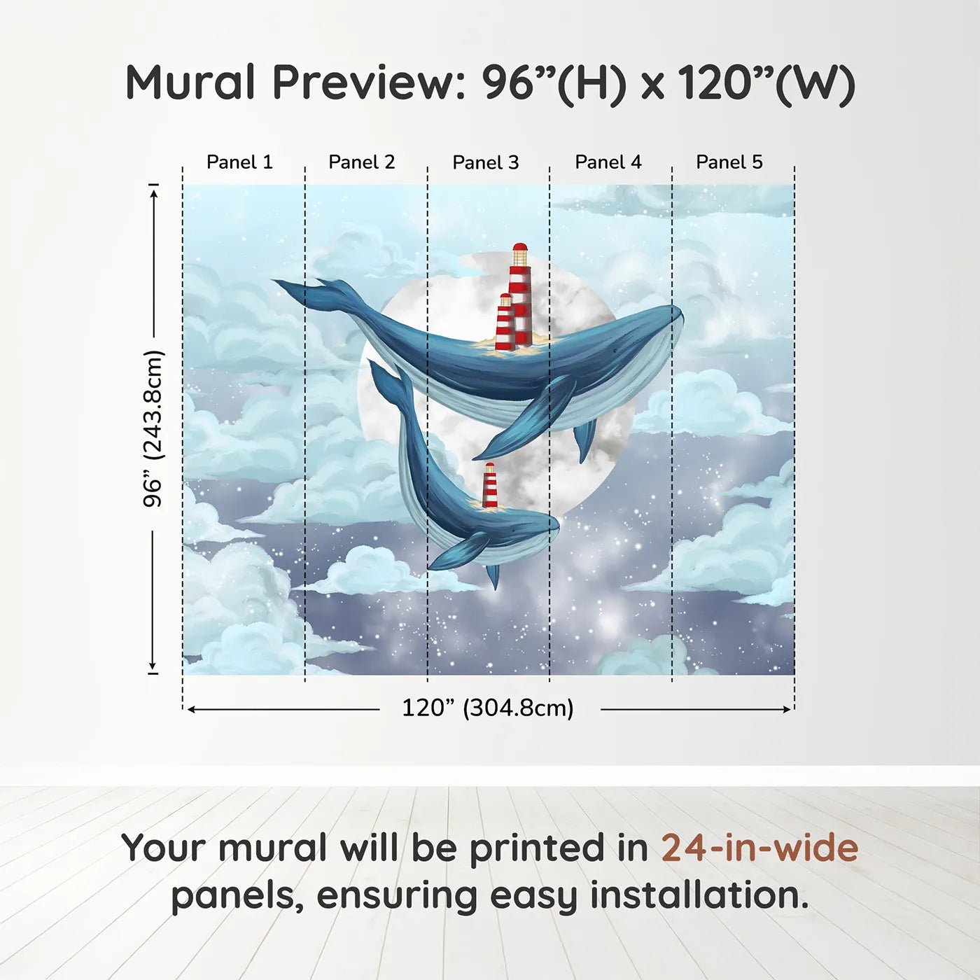 Whimsy Tots Flying Lighthouse Whales Wall Muraldimension view (96" H x 120" W). Printed in five 24-inch-wide panels. Gender-Neutral