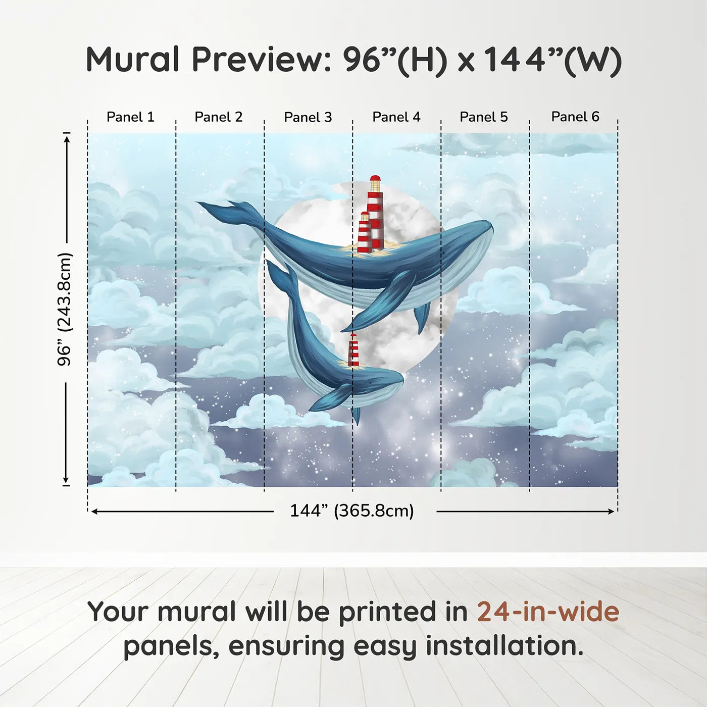 Whimsy Tots Flying Lighthouse Whales Wall Muraldimension view (96" H x 144" W). Printed in six 24-inch-wide panels. Gender-Neutral