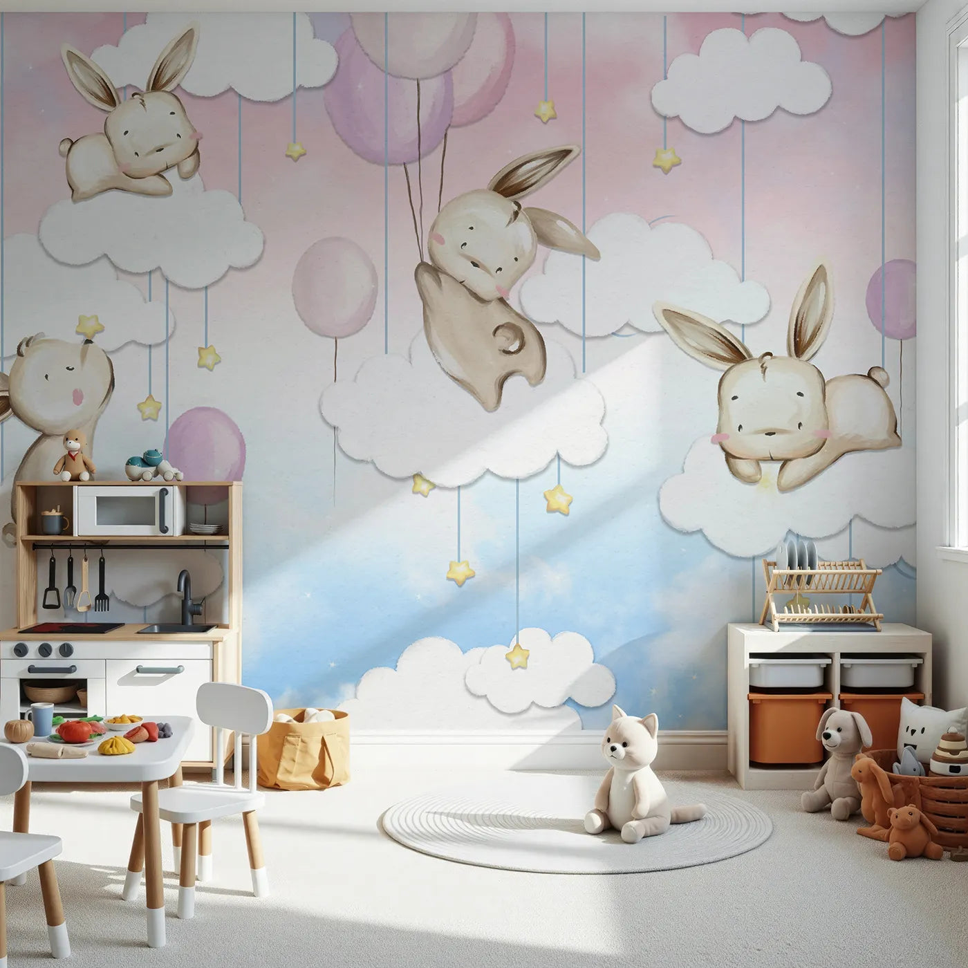 Front view of Whimsy Tots' Bunny Cloud Dreams Wall Mural