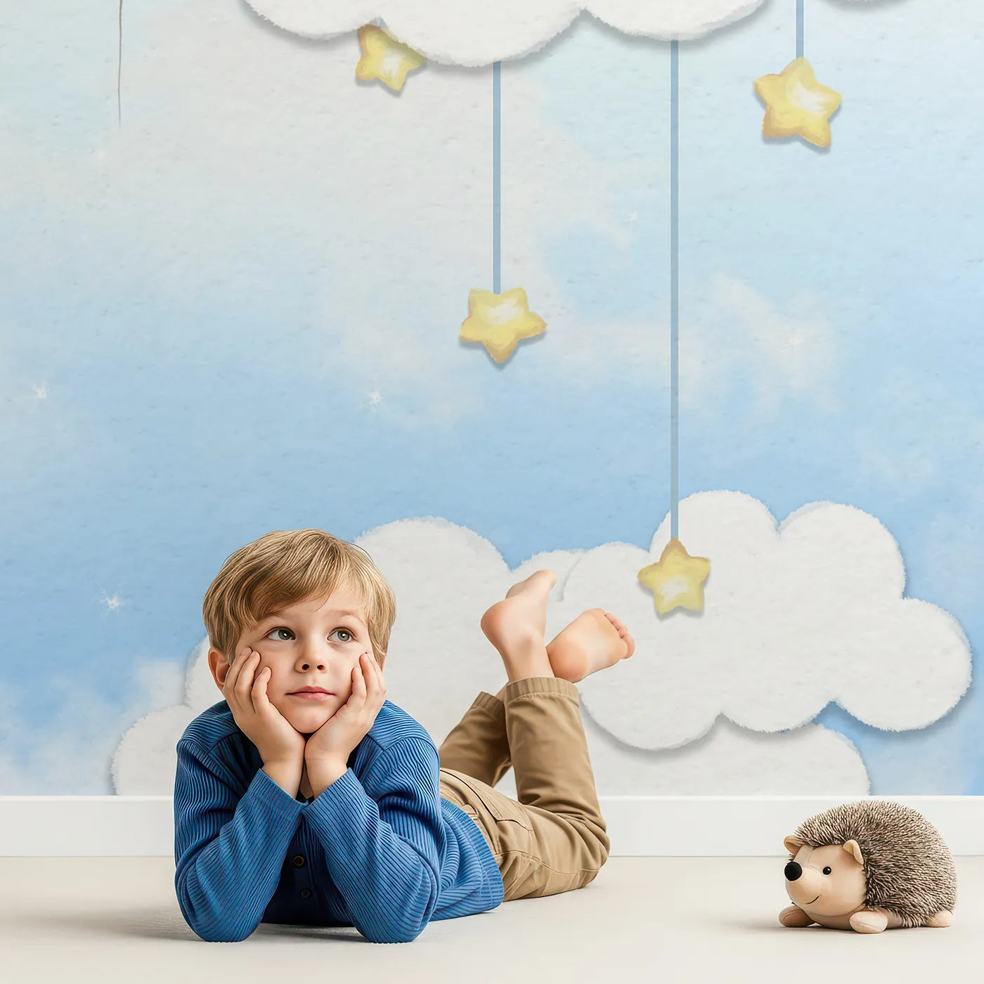 Child in front of Whimsy Tots Bunny Cloud Dreams Wall Mural with bunny, rabbit, cloud, balloon, star, cute, pink, nursery in design.