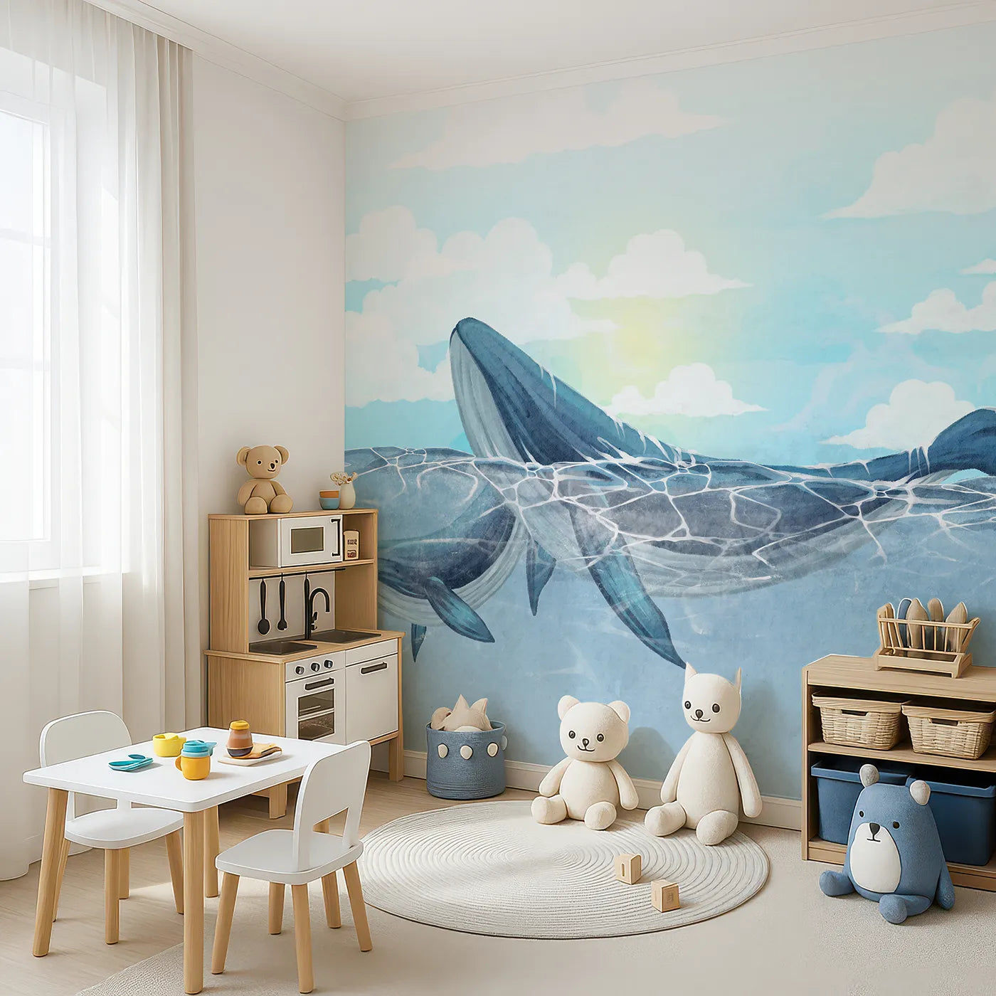 Angled view of Whimsy Tots' Watercolor Whales in the Sun Wall Mural (Turn Their Room into a Sun-Drenched Ocean Scene).Gender-Neutral