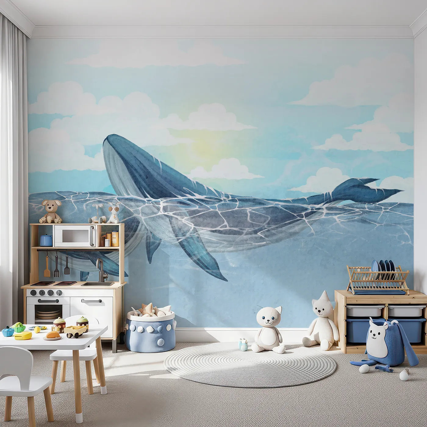Front view of Whimsy Tots' Watercolor Whales in the Sun Wall Mural