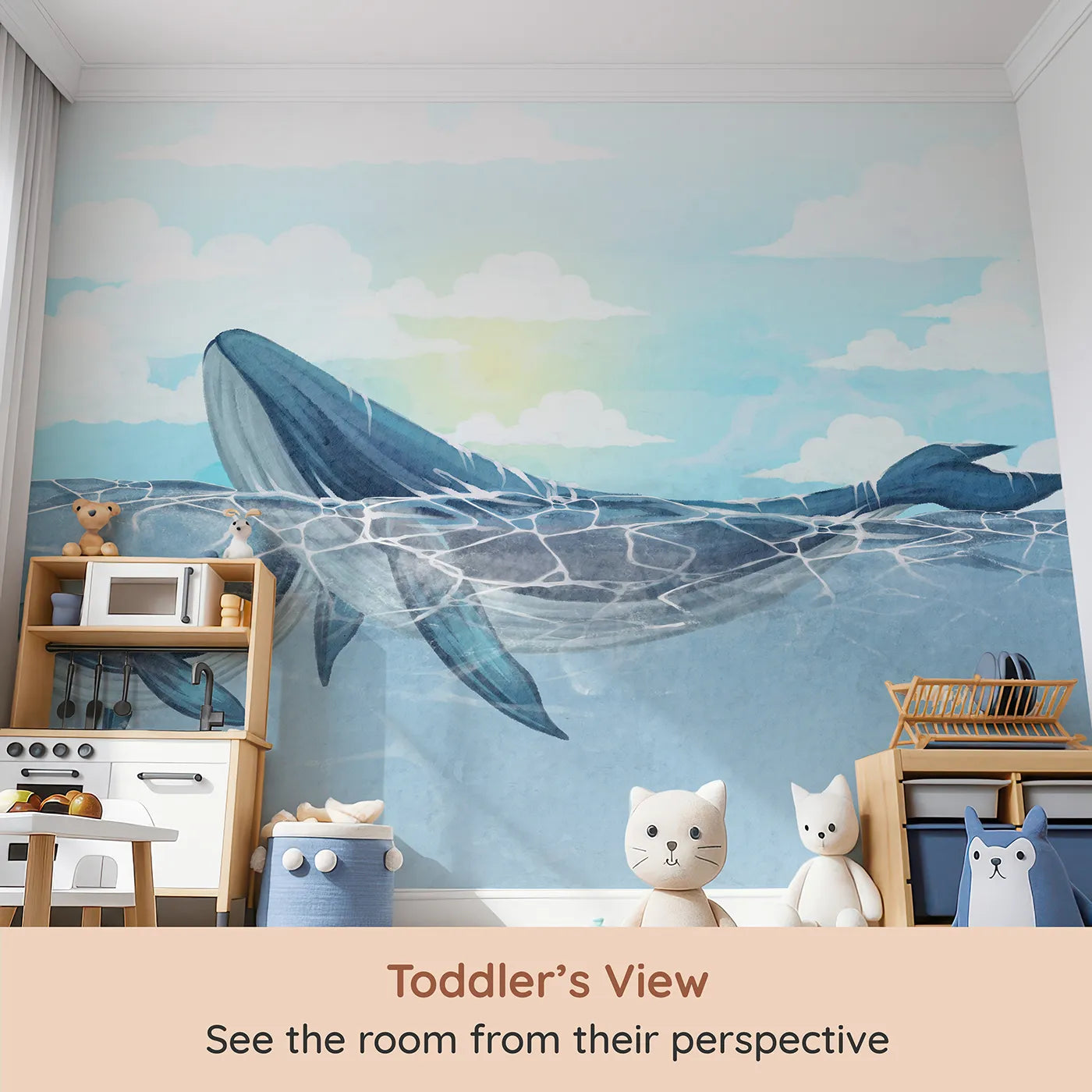 Whimsy Tots Watercolor Whales in the Sun Wall Mural (Turn Their Room into a Sun-Drenched Ocean Scene) from your child's view.Gender-Neutral