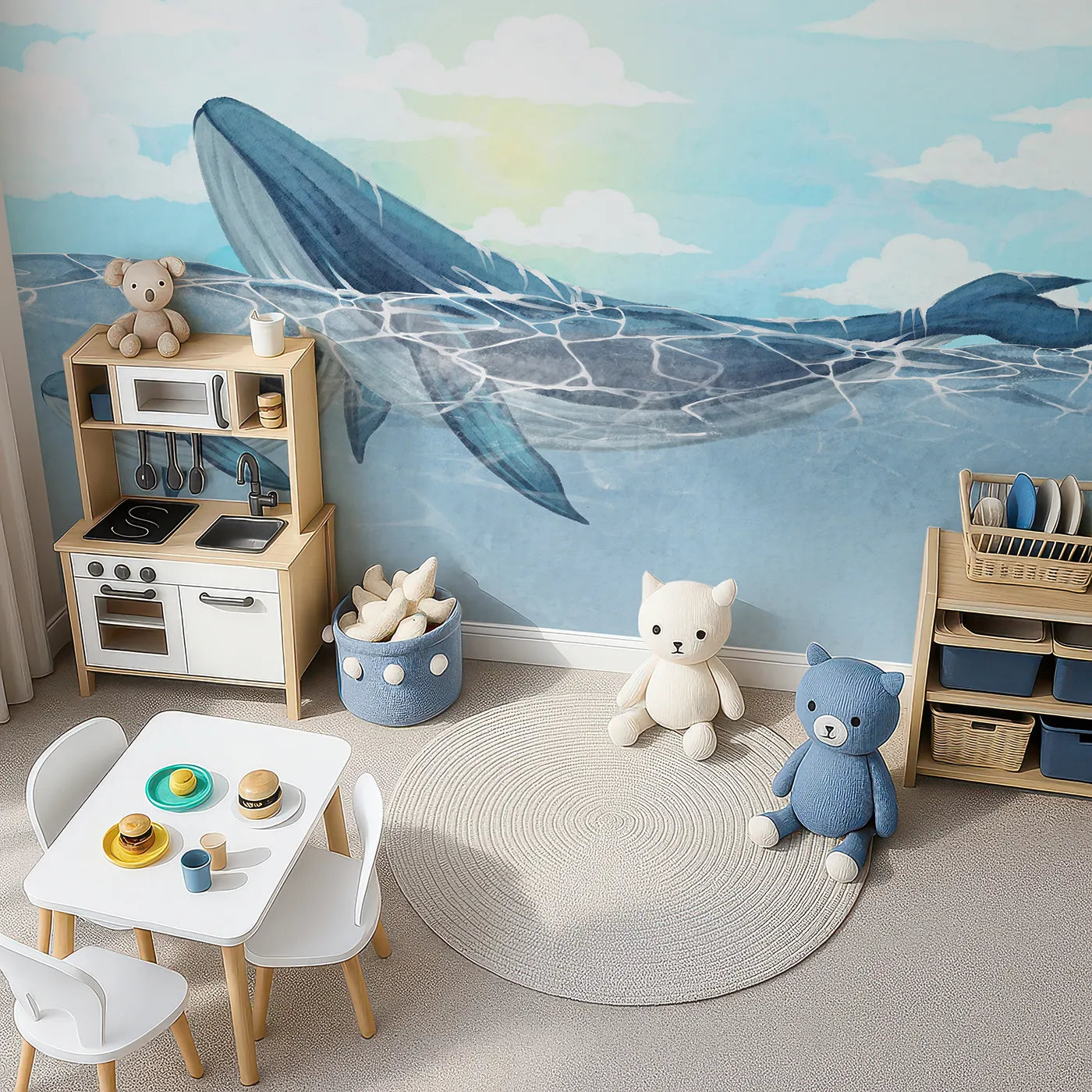 Top-down view of Whimsy Tots' Watercolor Whales in the Sun Wall Mural (Turn Their Room into a Sun-Drenched Ocean Scene).Gender-Neutral
