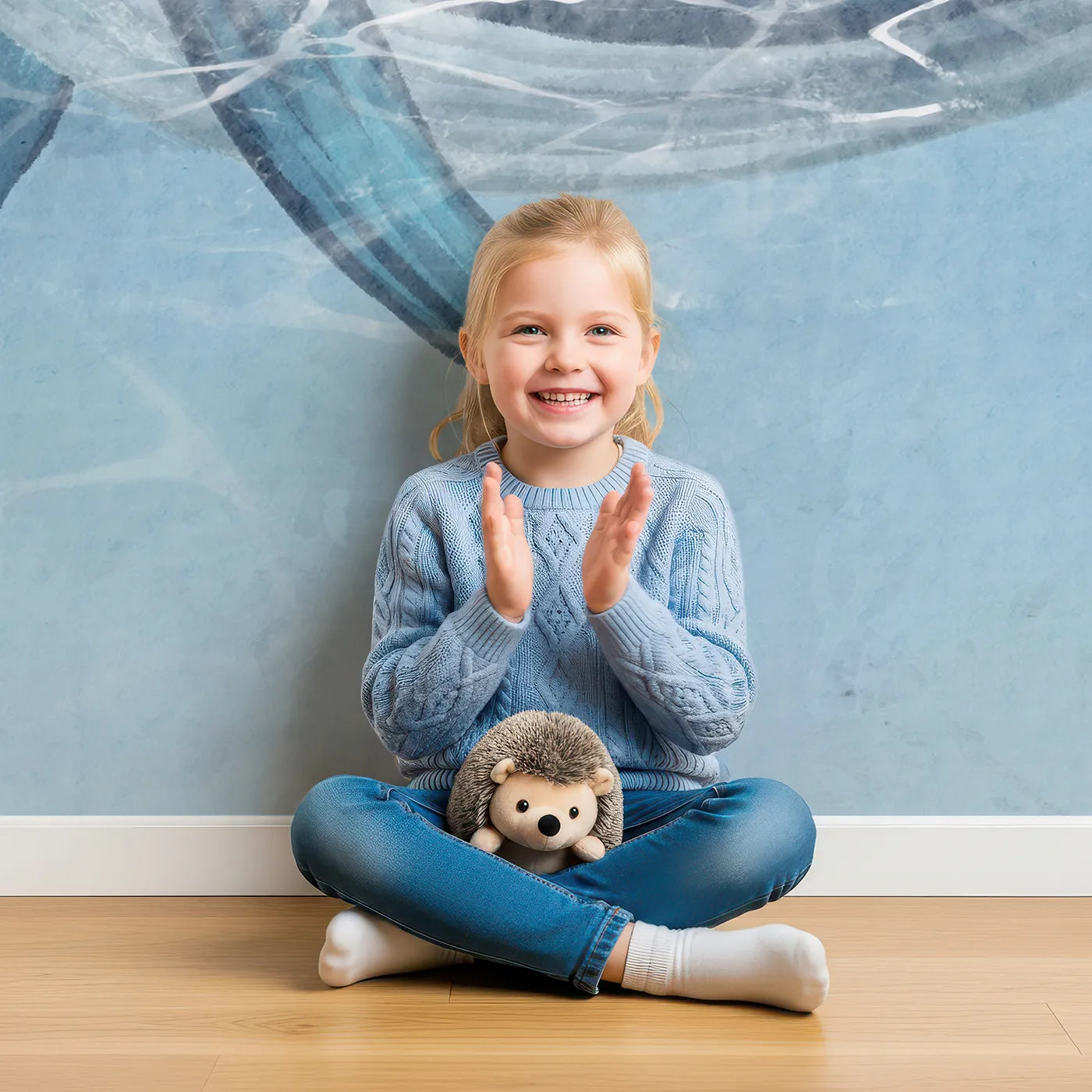 Child in front of Whimsy Tots Watercolor Whales in the Sun Wall Mural with whale, ocean, sea, watercolor, sun, water, mother, baby in design.