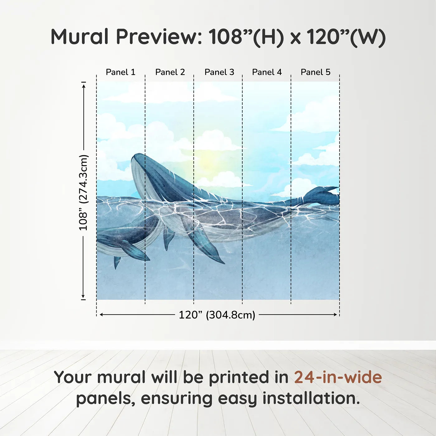 Whimsy Tots Watercolor Whales in the Sun Wall Muraldimension view (108" H x 120" W). Printed in five 24-inch-wide panels. Gender-Neutral