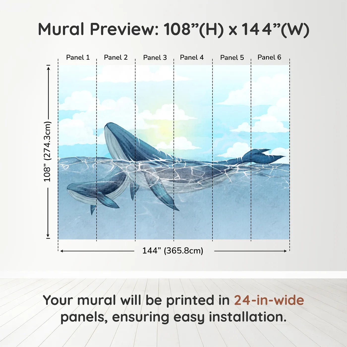 Whimsy Tots Watercolor Whales in the Sun Wall Muraldimension view (108" H x 144" W). Printed in six 24-inch-wide panels. Gender-Neutral
