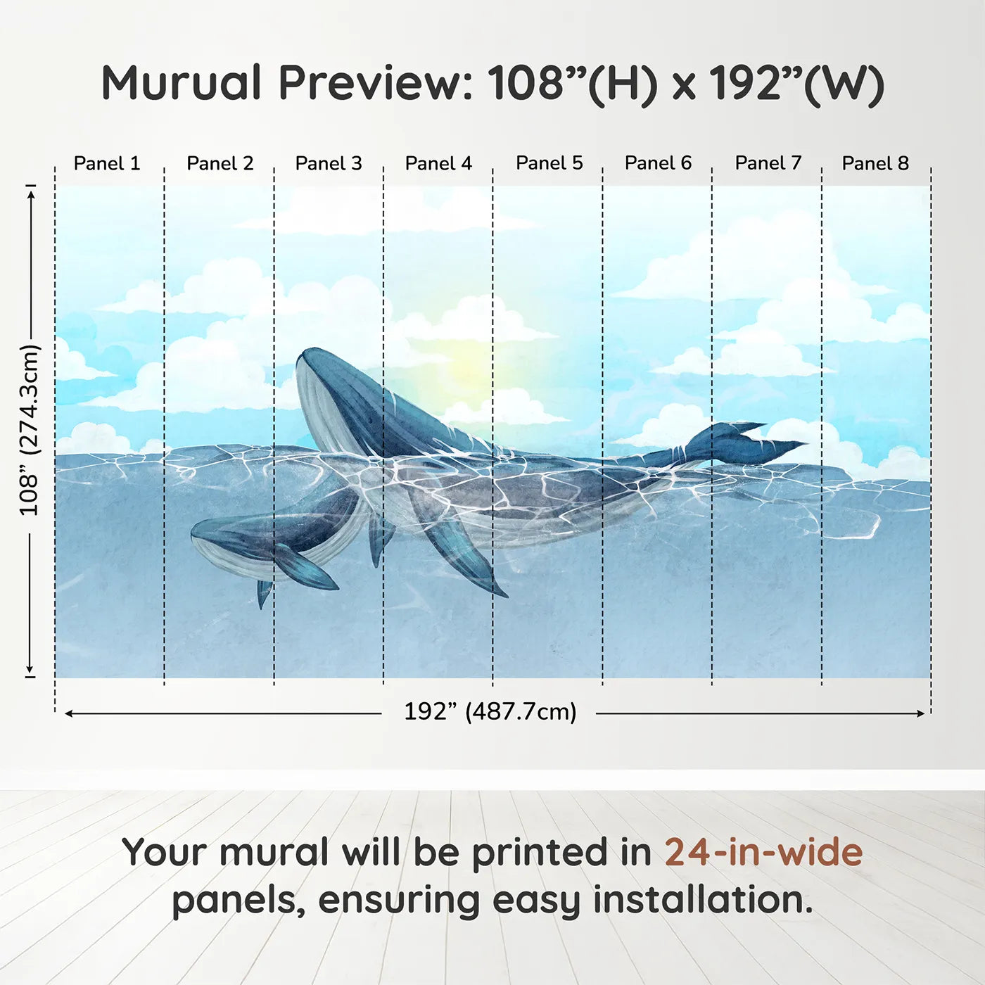 Whimsy Tots Watercolor Whales in the Sun Wall Muraldimension view (108" H x 192" W). Printed in eight 24-inch-wide panels. Gender-Neutral