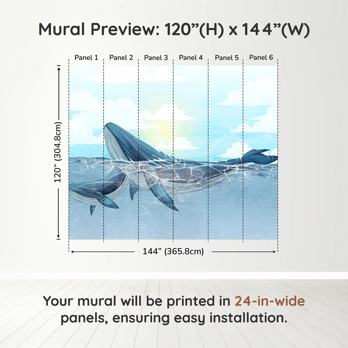 Whimsy Tots Watercolor Whales in the Sun Wall Muraldimension view (120" H x 144" W). Printed in six 24-inch-wide panels. Gender-Neutral