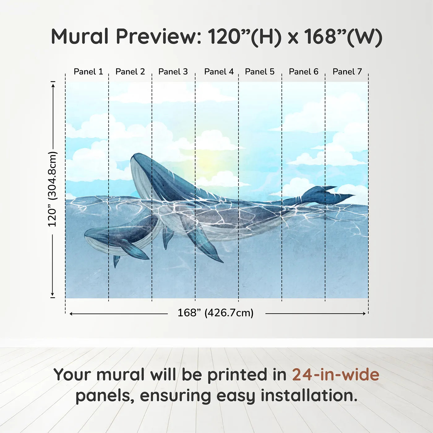 Whimsy Tots Watercolor Whales in the Sun Wall Muraldimension view (120" H x 168" W). Printed in seven 24-inch-wide panels. Gender-Neutral