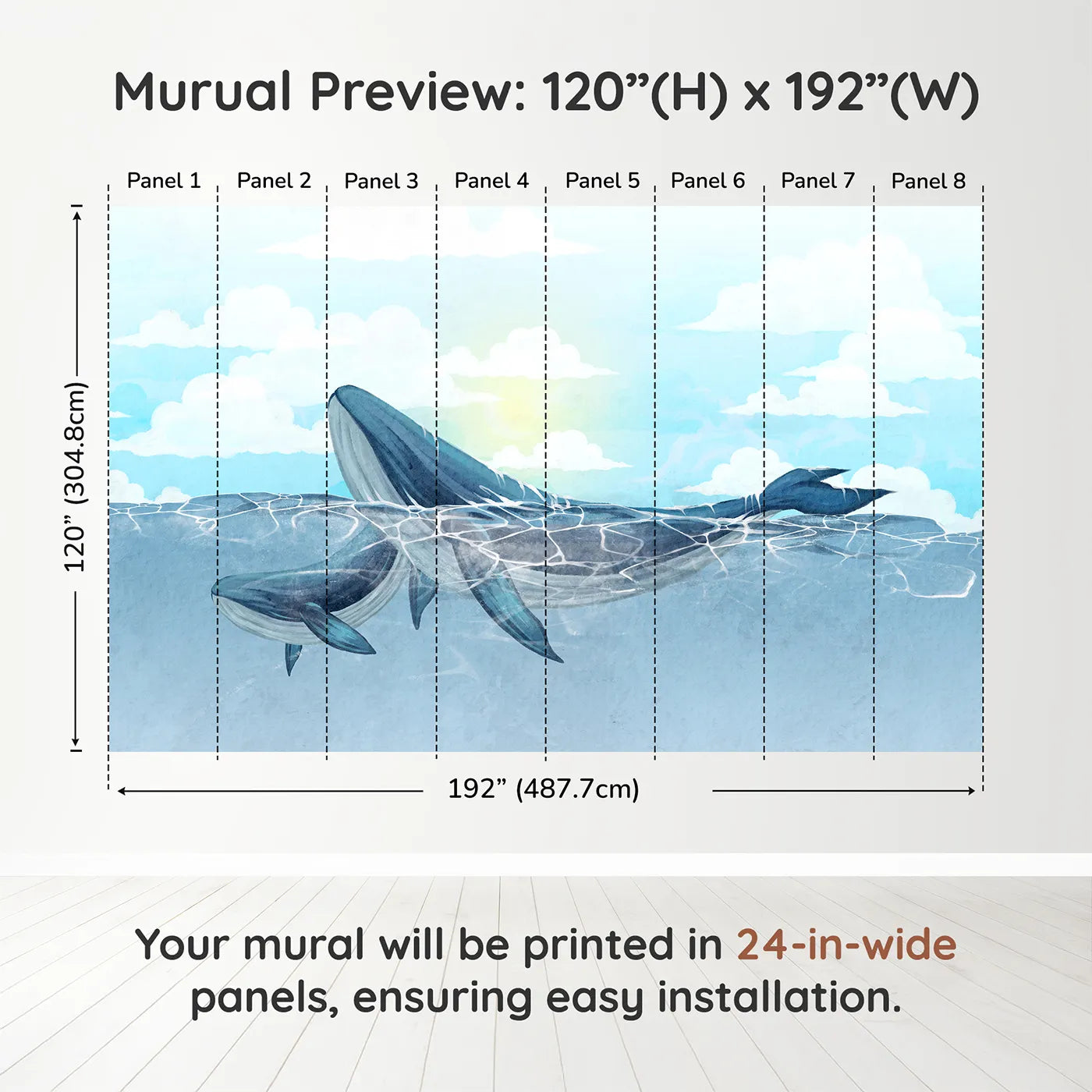 Whimsy Tots Watercolor Whales in the Sun Wall Muraldimension view (120" H x 192" W). Printed in eight 24-inch-wide panels. Gender-Neutral