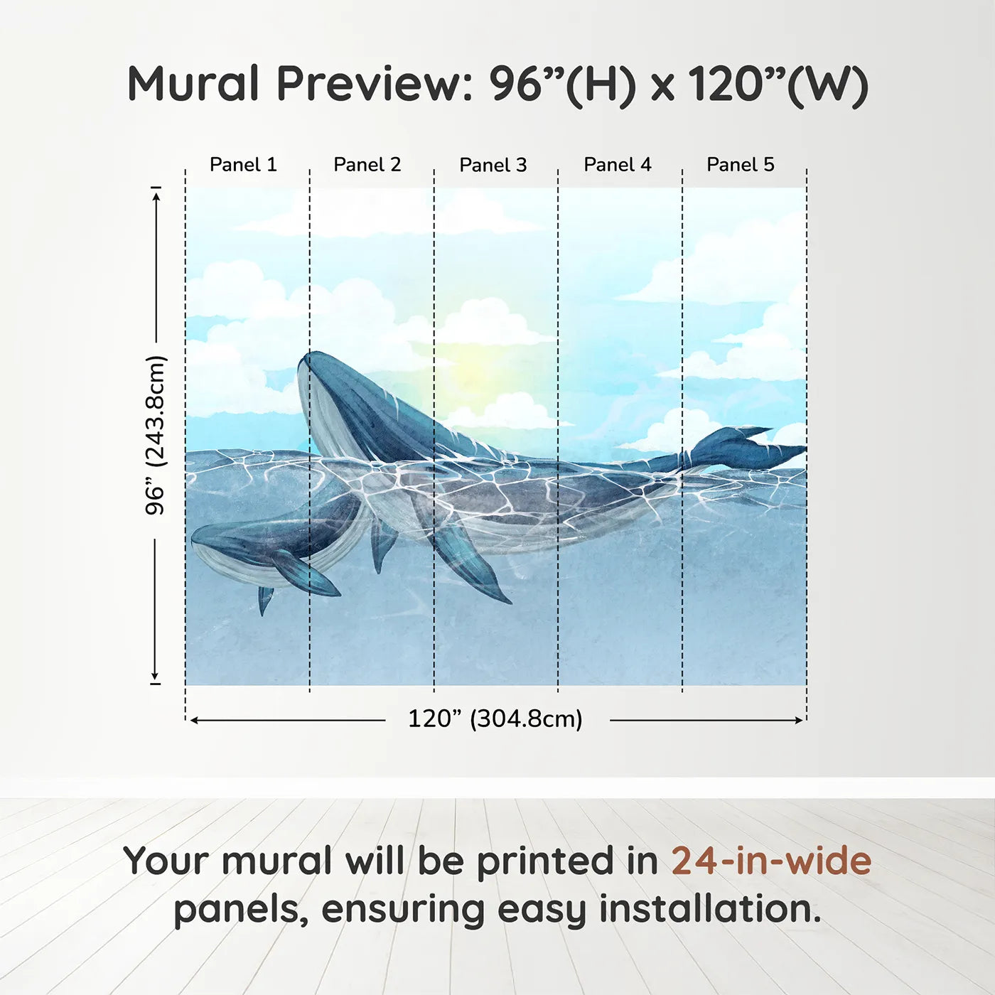 Whimsy Tots Watercolor Whales in the Sun Wall Muraldimension view (96" H x 120" W). Printed in five 24-inch-wide panels. Gender-Neutral