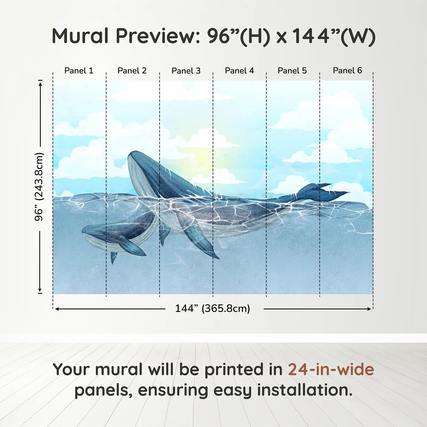 Whimsy Tots Watercolor Whales in the Sun Wall Muraldimension view (96" H x 144" W). Printed in six 24-inch-wide panels. Gender-Neutral