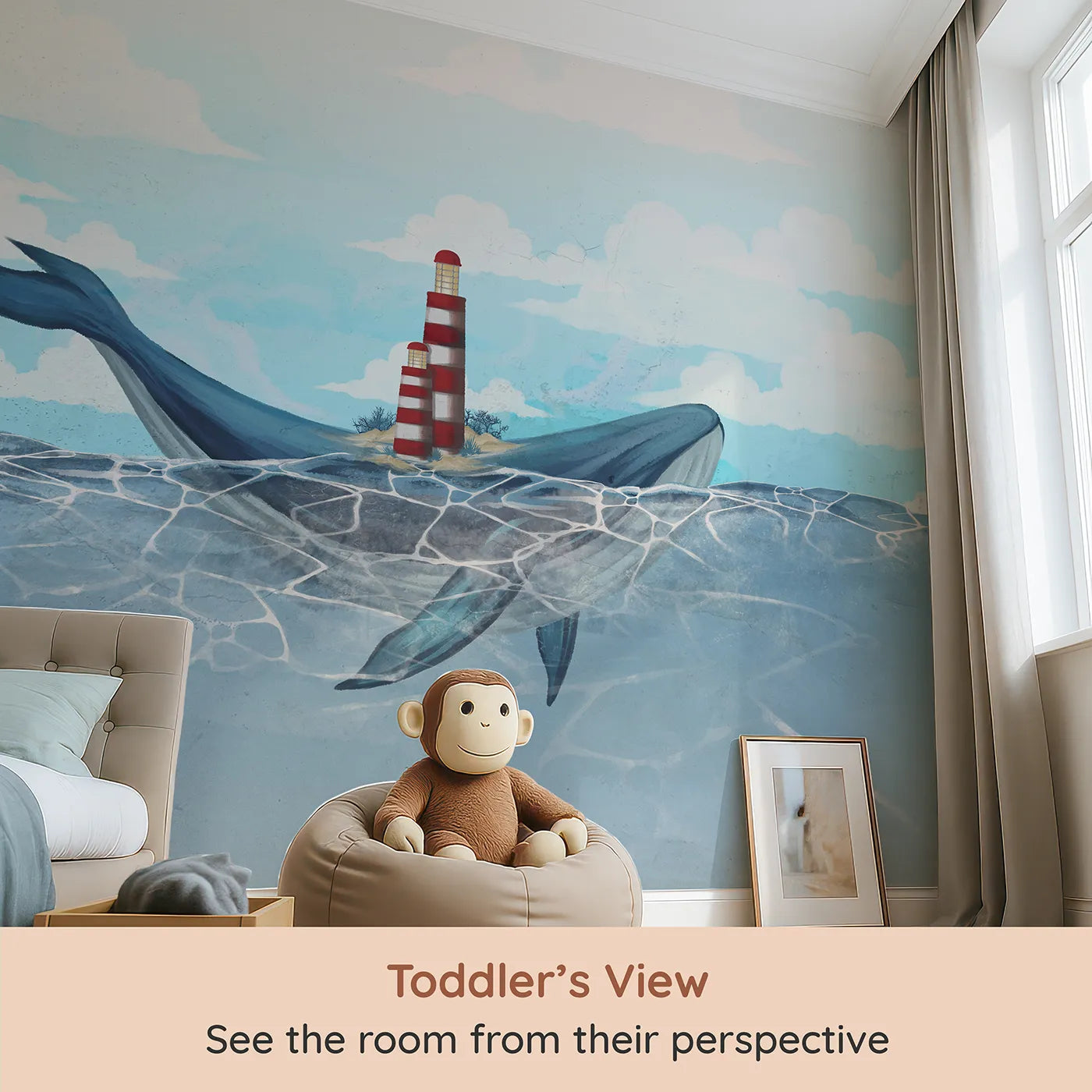 Whimsy Tots Whale Island Lighthouse Wall Mural (Turn Their Room into a Whimsical Seaside Story) from your child's view.Gender-Neutral