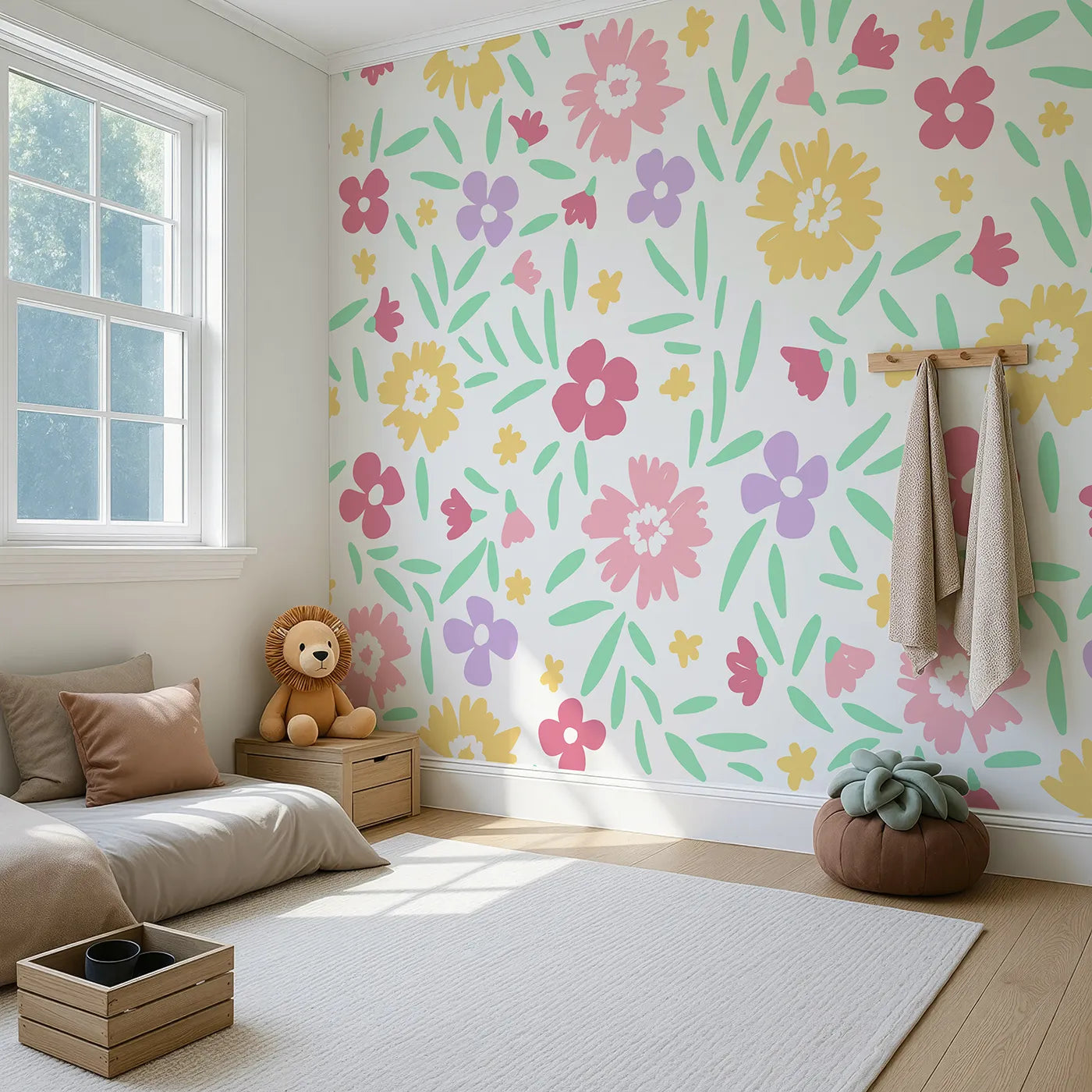 Angled view of Whimsy Tots' Happy Spring Garden Wall Mural (Turn Their Room into a Field of Cheerful, Simple Flowers).Gender-Neutral