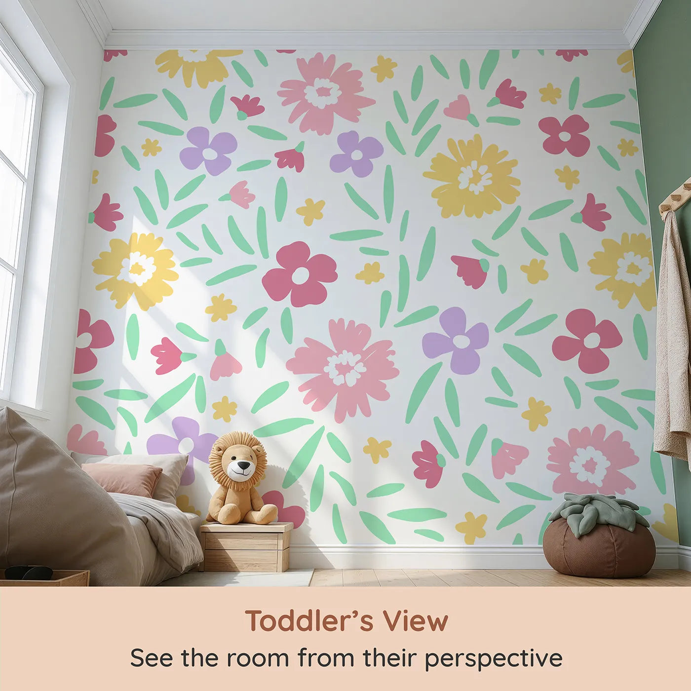 Whimsy Tots Happy Spring Garden Wall Mural (Turn Their Room into a Field of Cheerful, Simple Flowers) from your child's view.Gender-Neutral