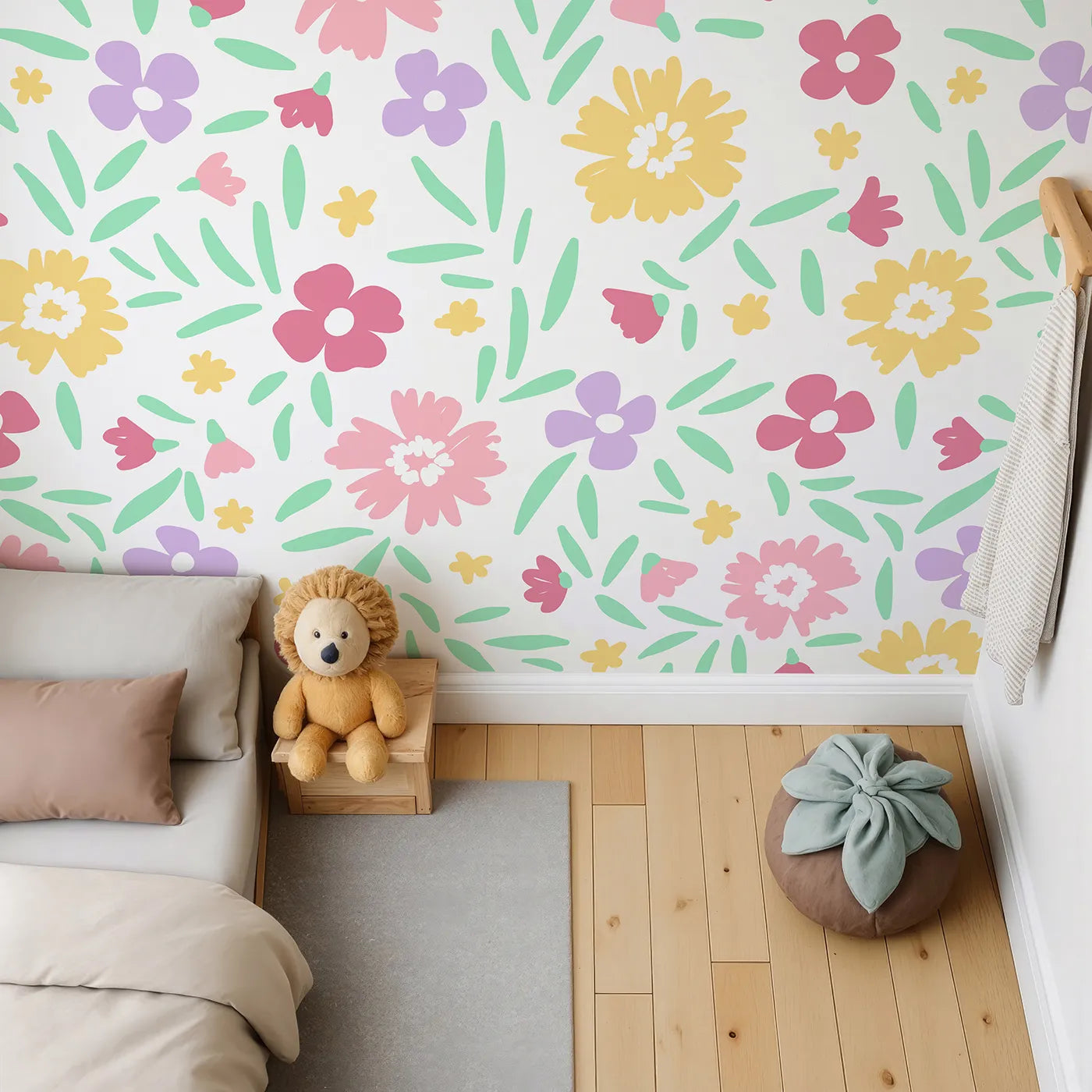 Top-down view of Whimsy Tots' Happy Spring Garden Wall Mural (Turn Their Room into a Field of Cheerful, Simple Flowers).Gender-Neutral