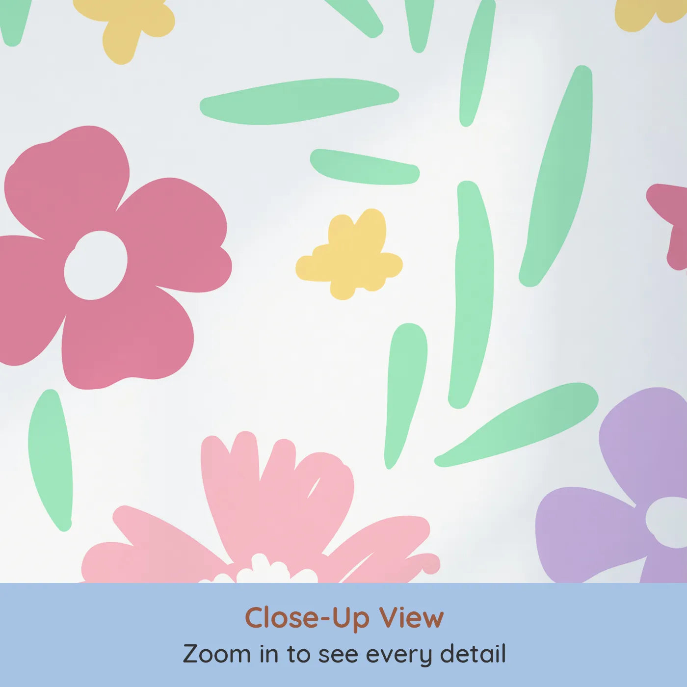 Close-up view of Whimsy Tots' Happy Spring Garden Wall Mural (Turn Their Room into a Field of Cheerful, Simple Flowers).Gender-Neutral