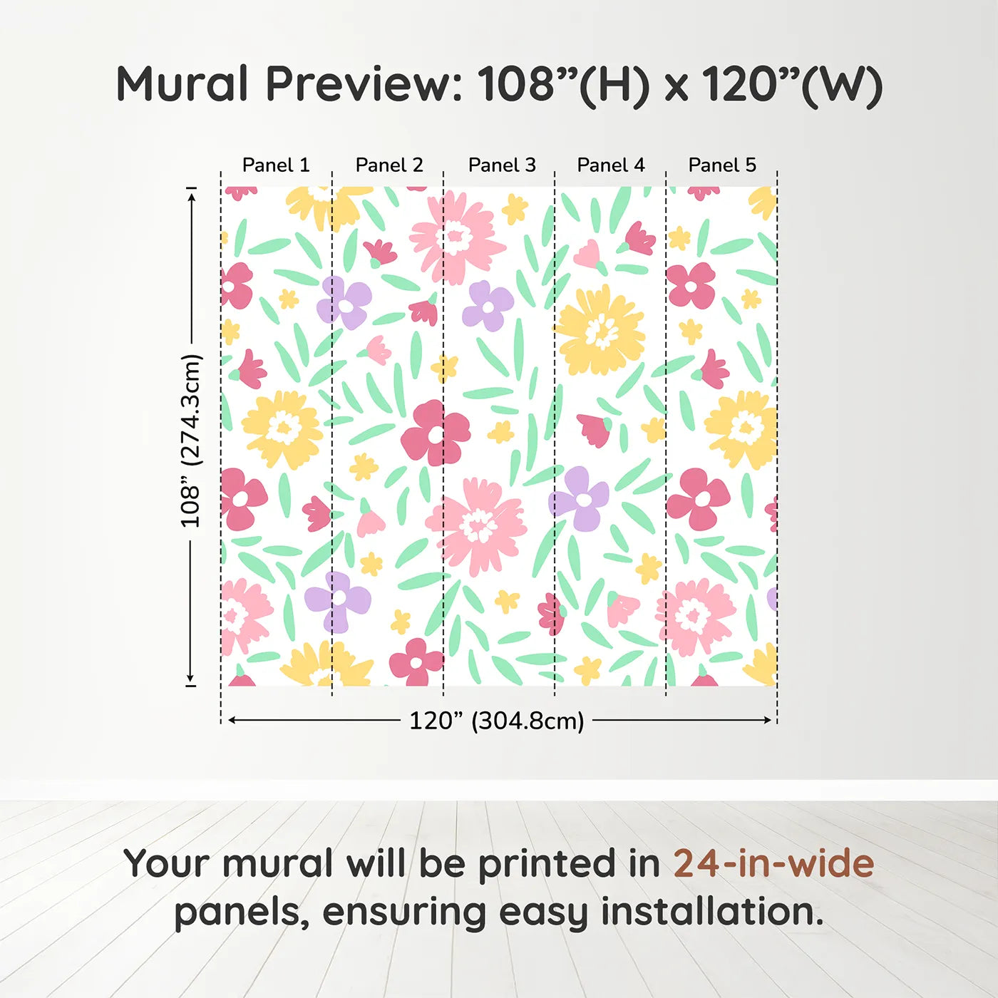 Whimsy Tots Happy Spring Garden Wall Muraldimension view (108" H x 120" W). Printed in five 24-inch-wide panels. Gender-Neutral