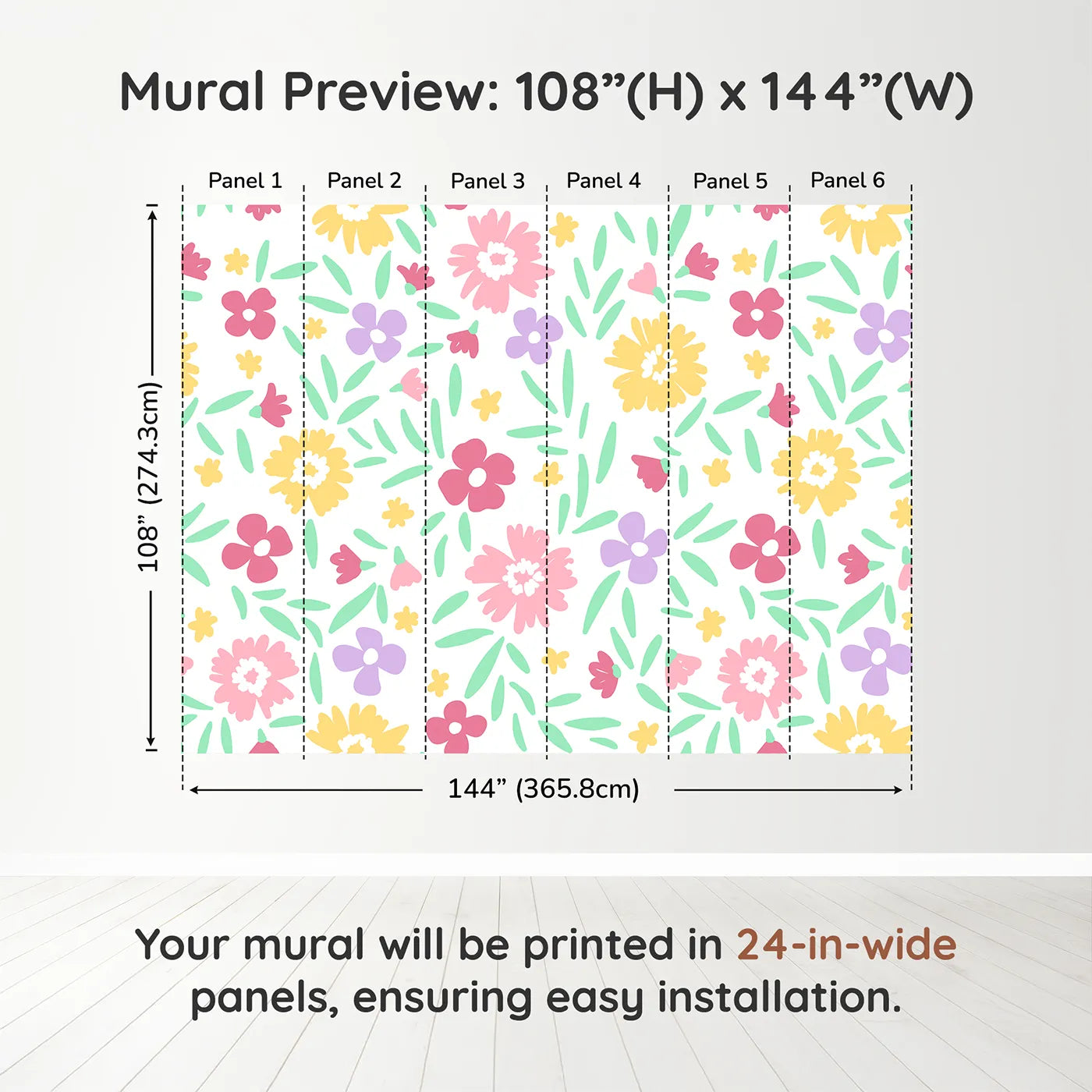 Whimsy Tots Happy Spring Garden Wall Muraldimension view (108" H x 144" W). Printed in six 24-inch-wide panels. Gender-Neutral