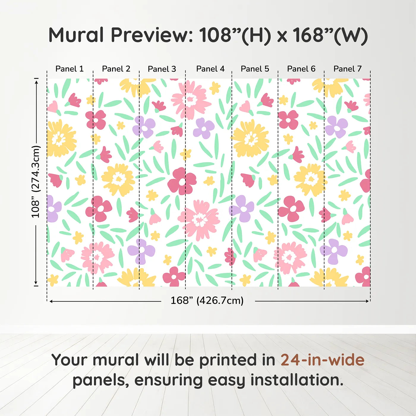 Whimsy Tots Happy Spring Garden Wall Muraldimension view (108" H x 168" W). Printed in seven 24-inch-wide panels. Gender-Neutral
