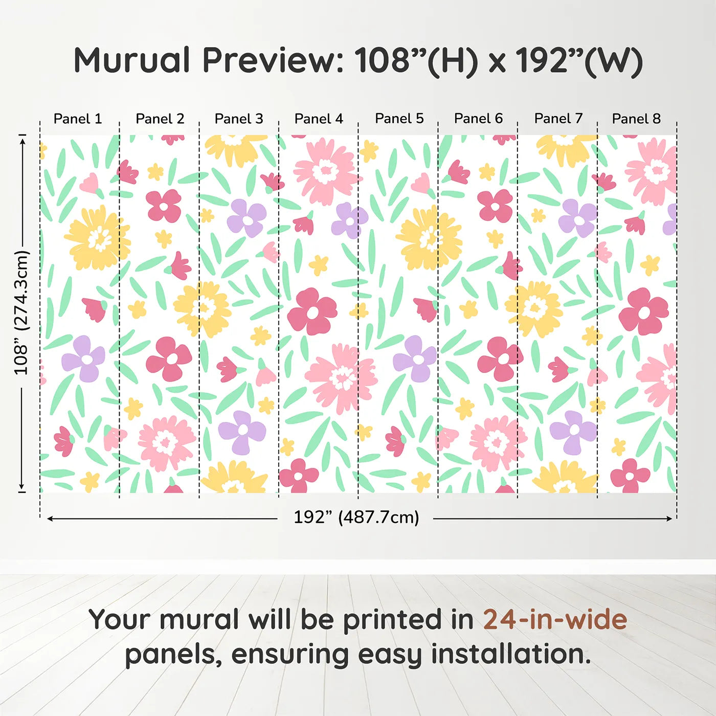 Whimsy Tots Happy Spring Garden Wall Muraldimension view (108" H x 192" W). Printed in eight 24-inch-wide panels. Gender-Neutral