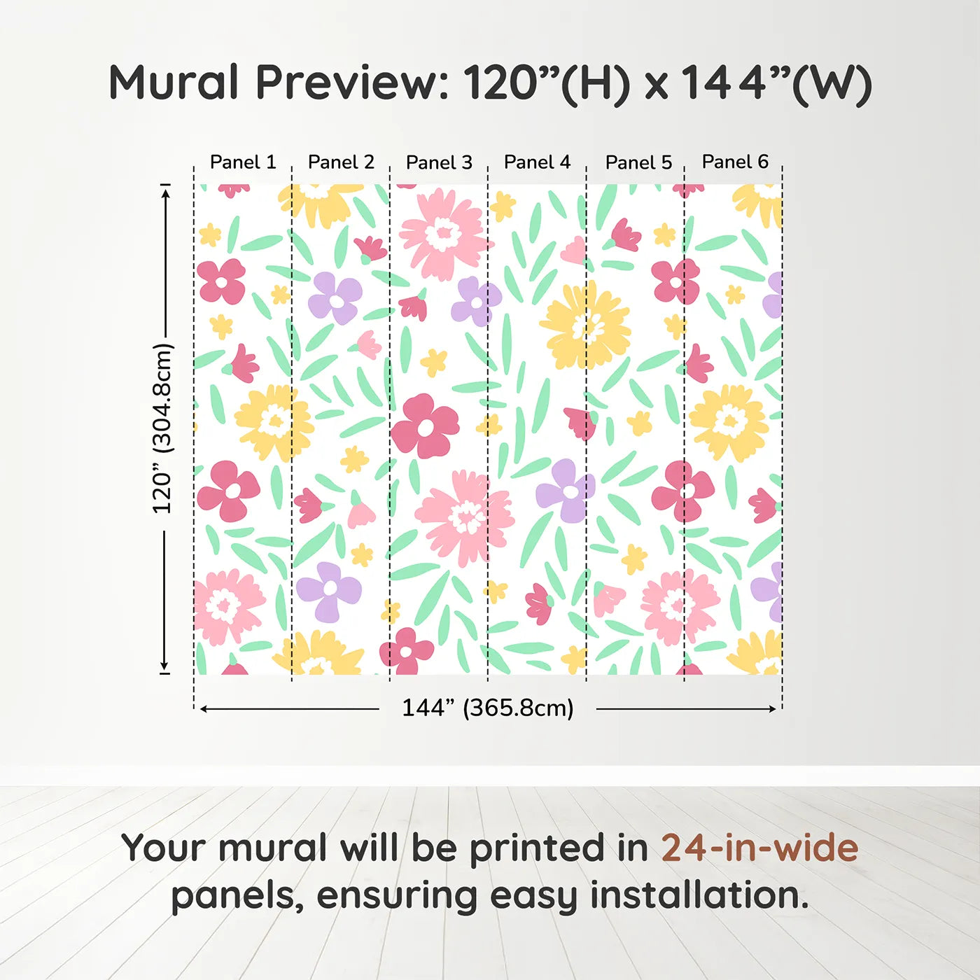 Whimsy Tots Happy Spring Garden Wall Muraldimension view (120" H x 144" W). Printed in six 24-inch-wide panels. Gender-Neutral