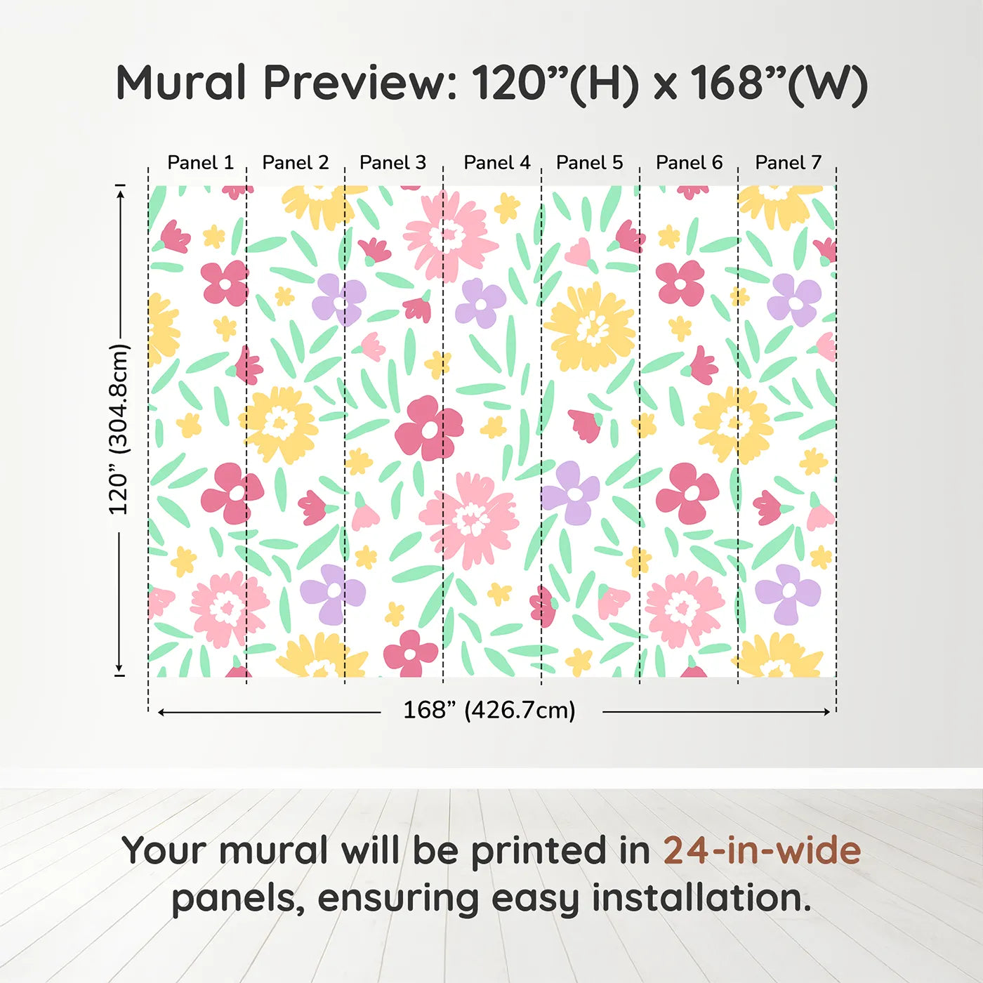 Whimsy Tots Happy Spring Garden Wall Muraldimension view (120" H x 168" W). Printed in seven 24-inch-wide panels. Gender-Neutral