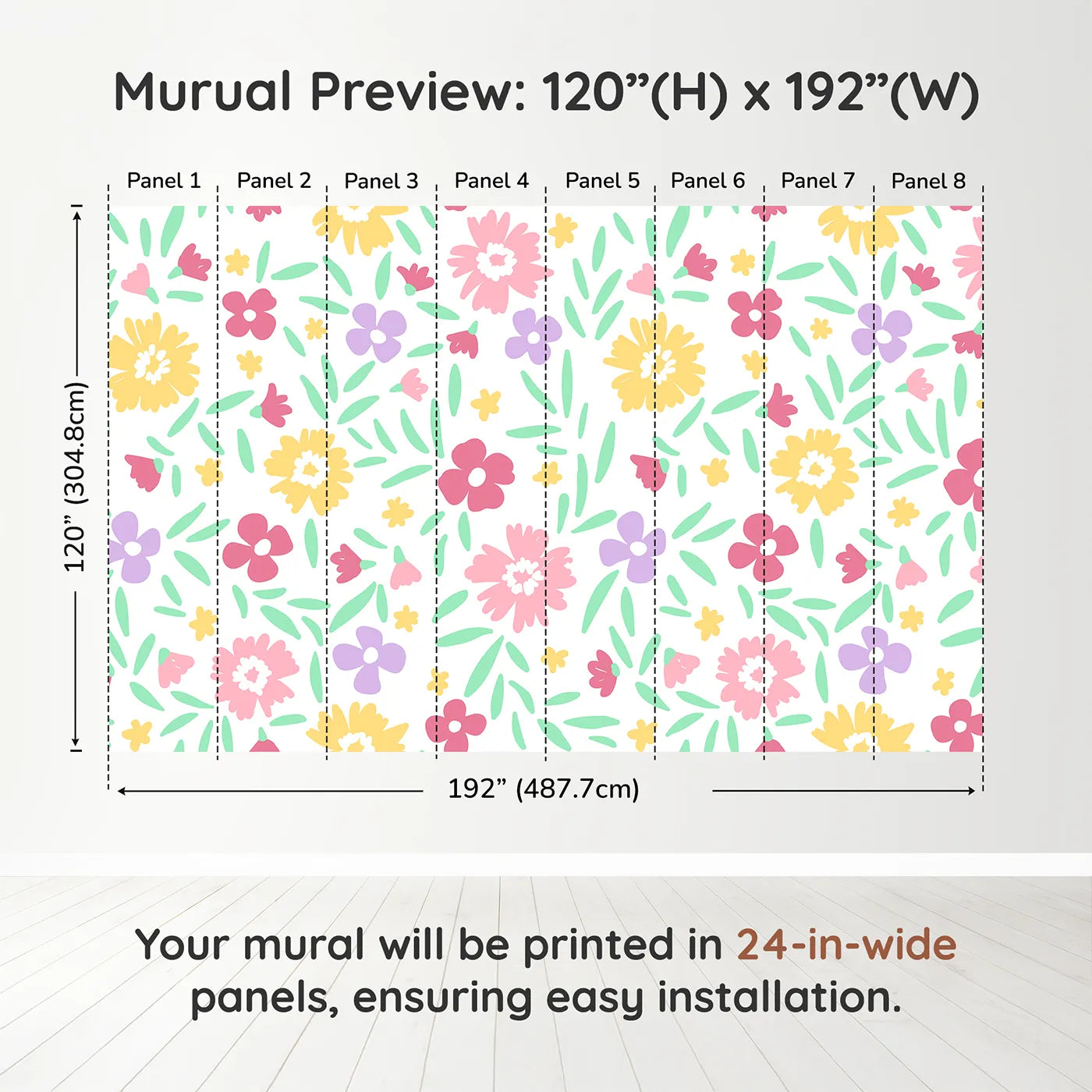Whimsy Tots Happy Spring Garden Wall Muraldimension view (120" H x 192" W). Printed in eight 24-inch-wide panels. Gender-Neutral