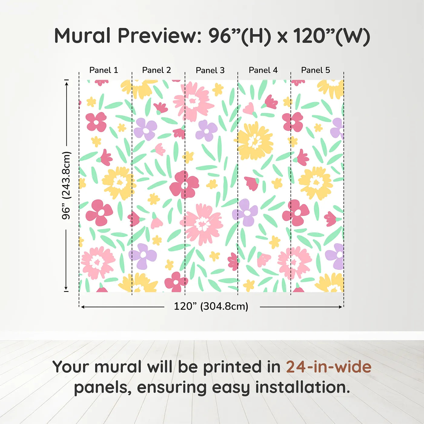 Whimsy Tots Happy Spring Garden Wall Muraldimension view (96" H x 120" W). Printed in five 24-inch-wide panels. Gender-Neutral