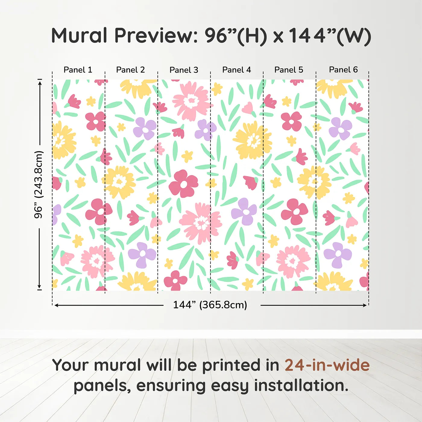 Whimsy Tots Happy Spring Garden Wall Muraldimension view (96" H x 144" W). Printed in six 24-inch-wide panels. Gender-Neutral