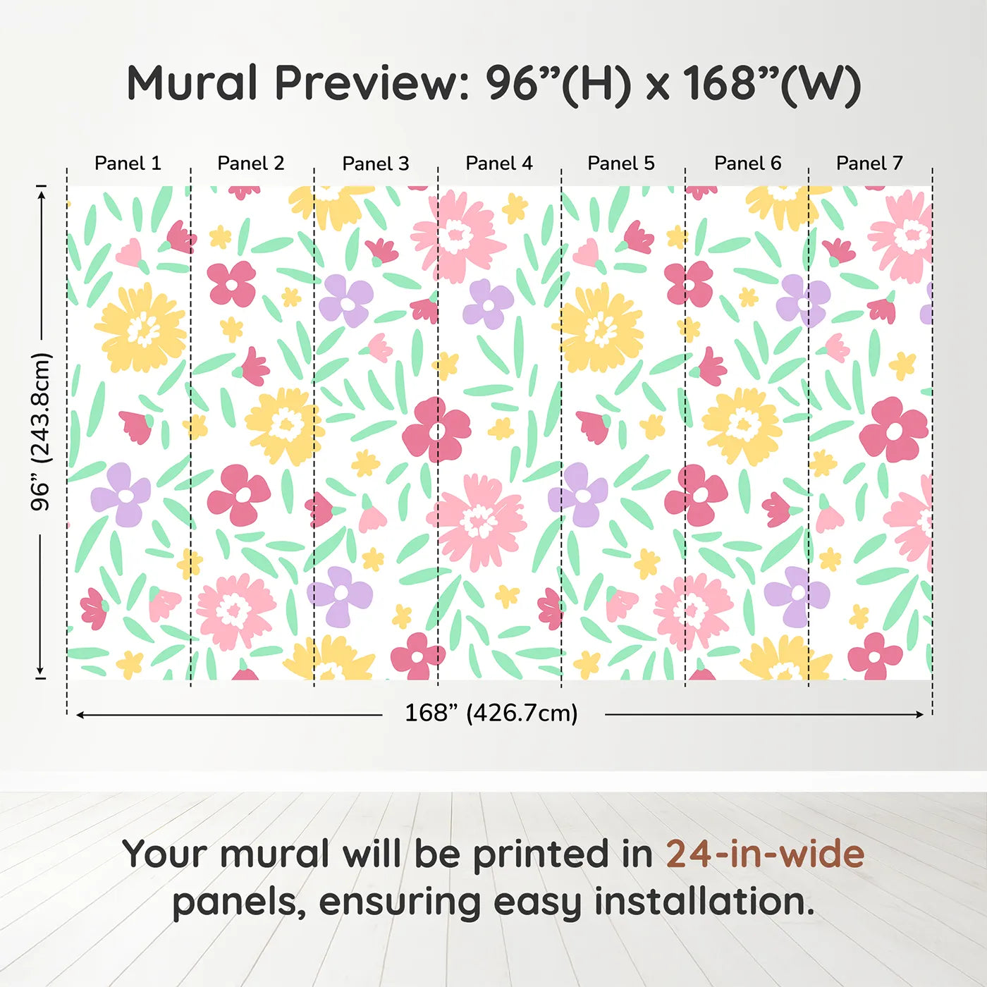 Whimsy Tots Happy Spring Garden Wall Muraldimension view (96" H x 168" W). Printed in seven 24-inch-wide panels. Gender-Neutral