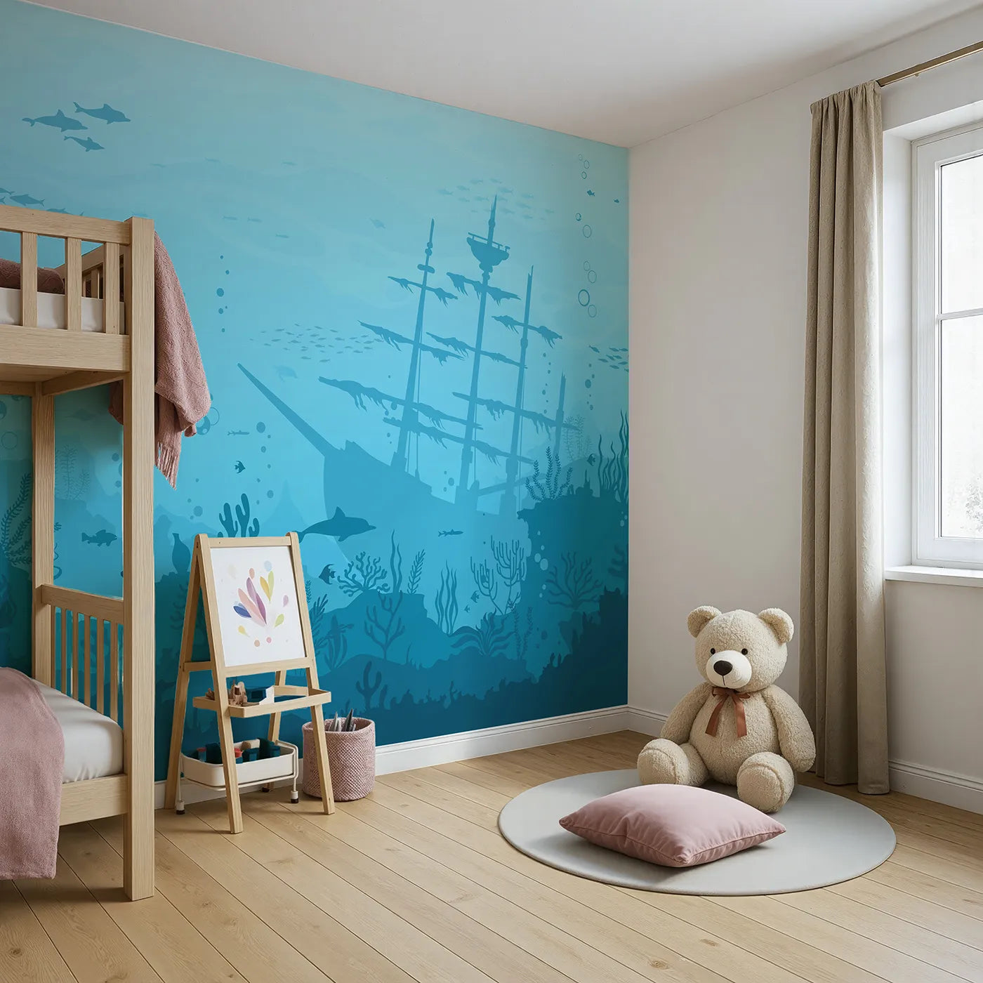 Angled view of Whimsy Tots' Sunken Shipwreck Wall Mural (Turn Their Room into a Deep Sea Exploration).Gender-Neutral