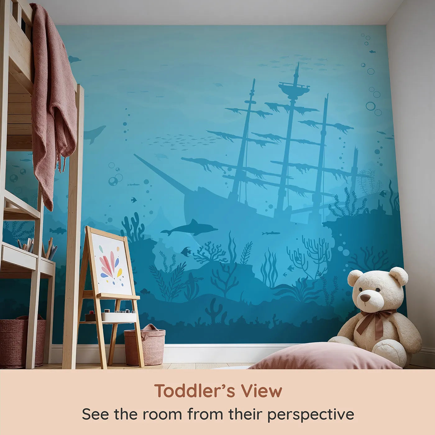 Whimsy Tots Sunken Shipwreck Wall Mural (Turn Their Room into a Deep Sea Exploration) from your child's view.Gender-Neutral