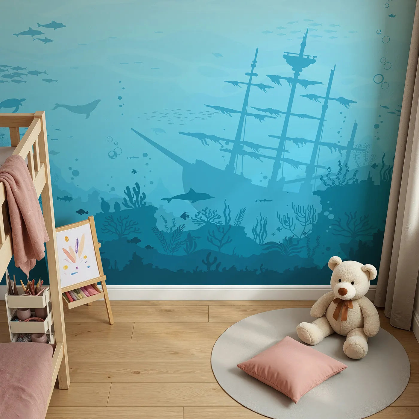 Top-down view of Whimsy Tots' Sunken Shipwreck Wall Mural (Turn Their Room into a Deep Sea Exploration).Gender-Neutral