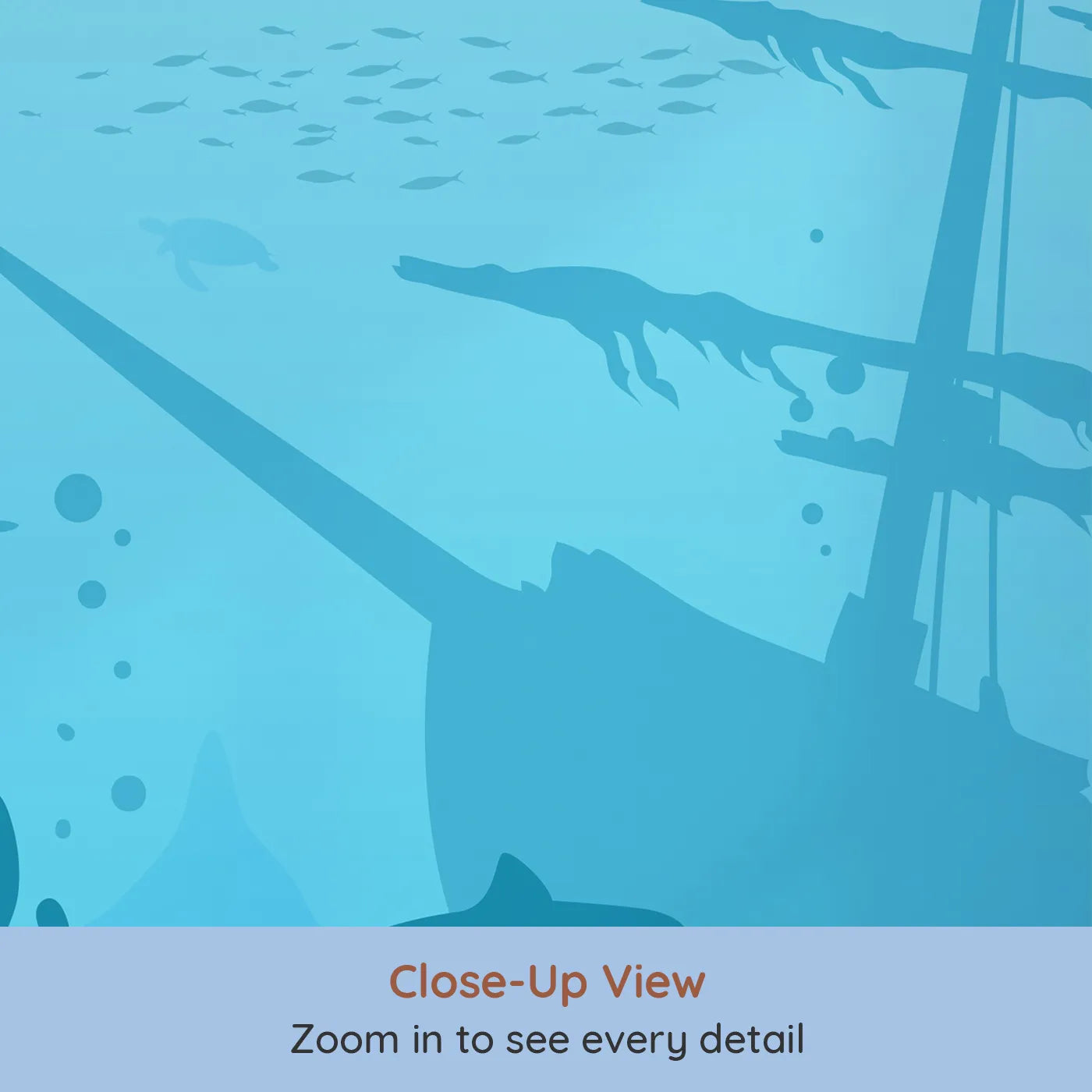 Close-up view of Whimsy Tots' Sunken Shipwreck Wall Mural (Turn Their Room into a Deep Sea Exploration).Gender-Neutral