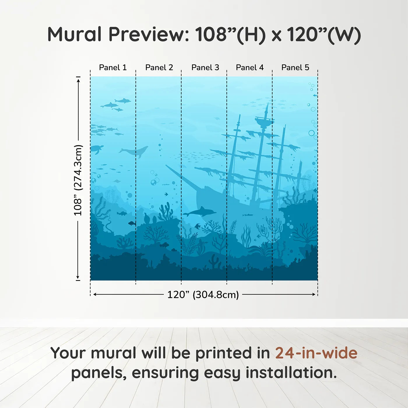 Whimsy Tots Sunken Shipwreck Wall Muraldimension view (108" H x 120" W). Printed in five 24-inch-wide panels. Gender-Neutral