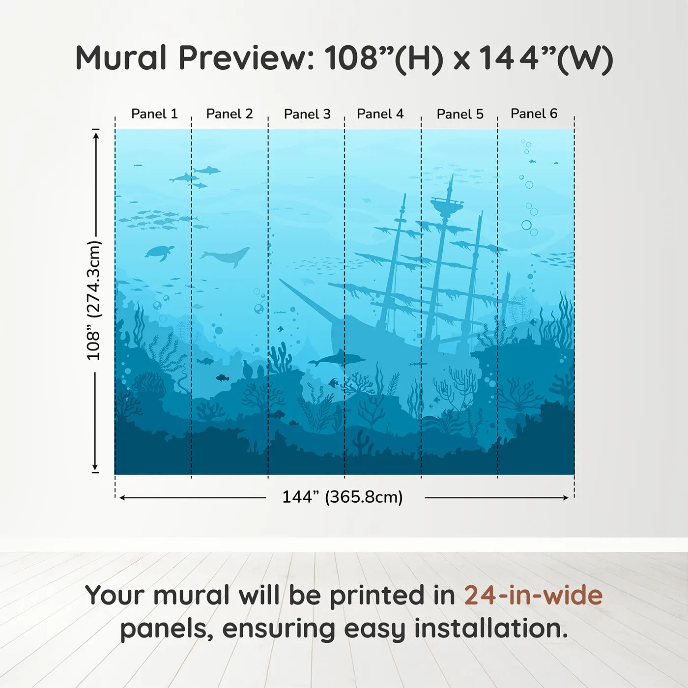 Whimsy Tots Sunken Shipwreck Wall Muraldimension view (108" H x 144" W). Printed in six 24-inch-wide panels. Gender-Neutral