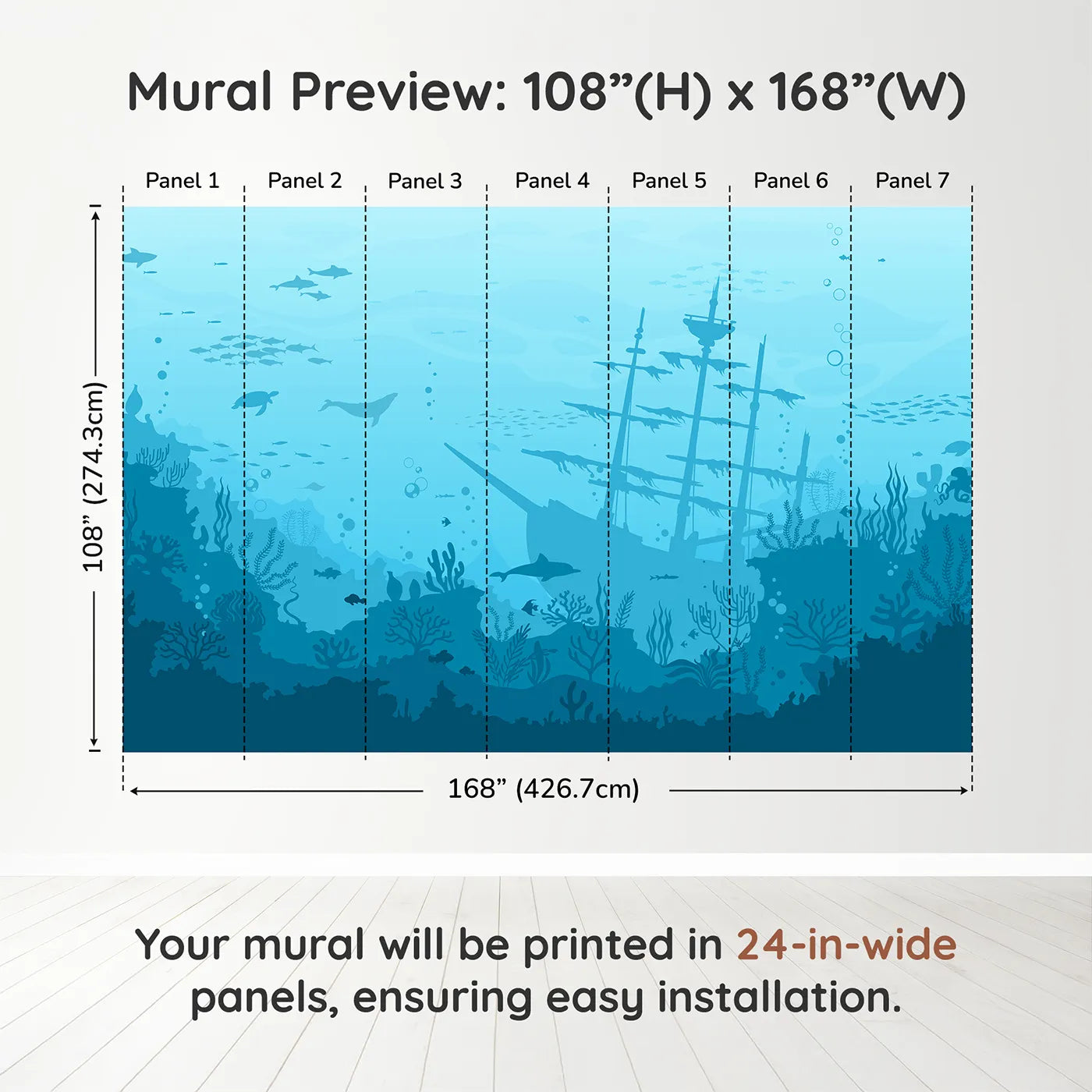 Whimsy Tots Sunken Shipwreck Wall Muraldimension view (108" H x 168" W). Printed in seven 24-inch-wide panels. Gender-Neutral