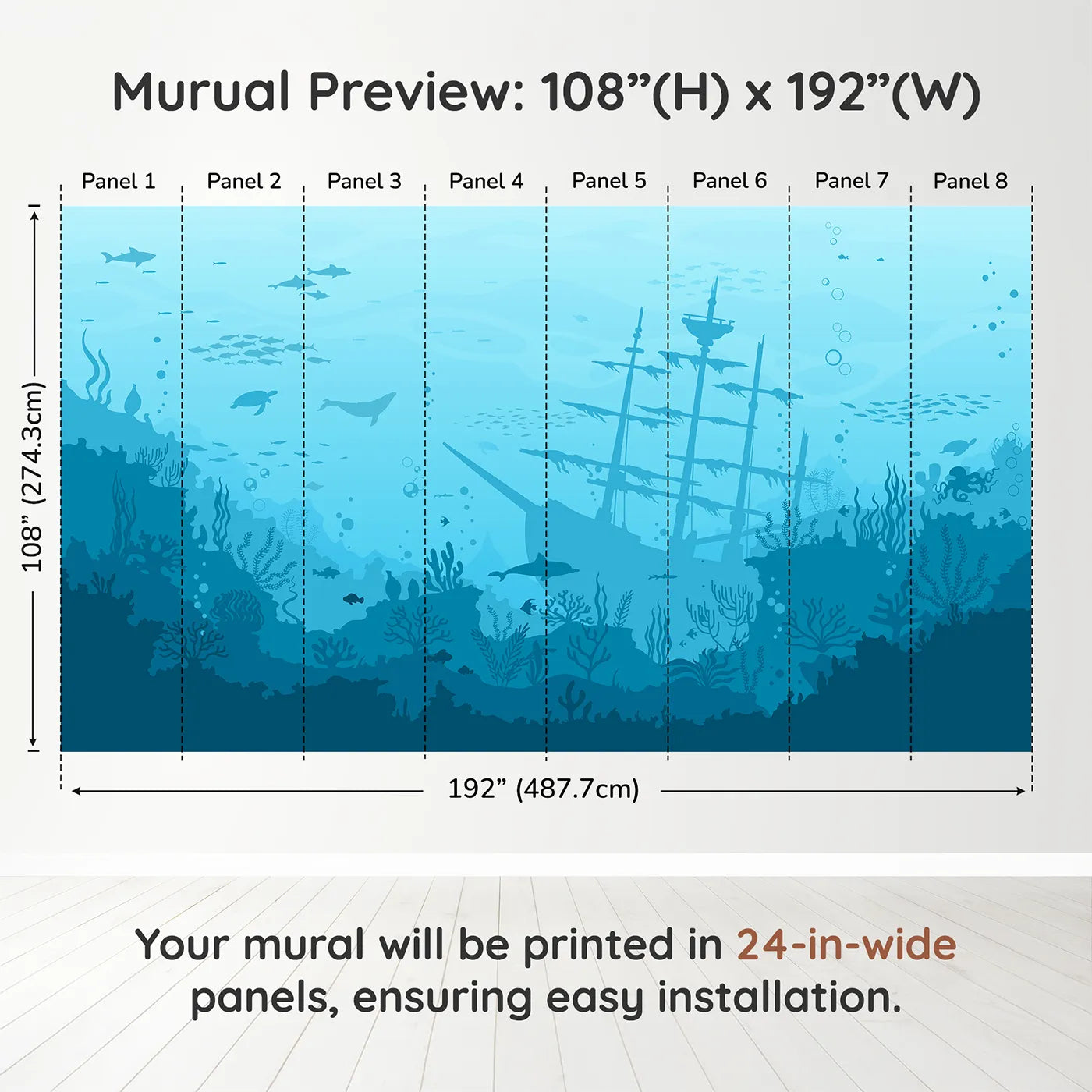 Whimsy Tots Sunken Shipwreck Wall Muraldimension view (108" H x 192" W). Printed in eight 24-inch-wide panels. Gender-Neutral