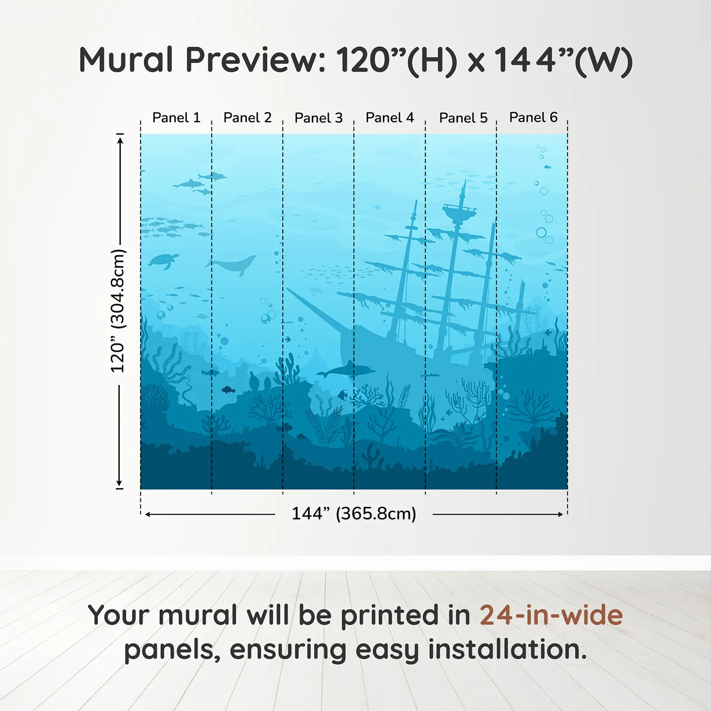 Whimsy Tots Sunken Shipwreck Wall Muraldimension view (120" H x 144" W). Printed in six 24-inch-wide panels. Gender-Neutral