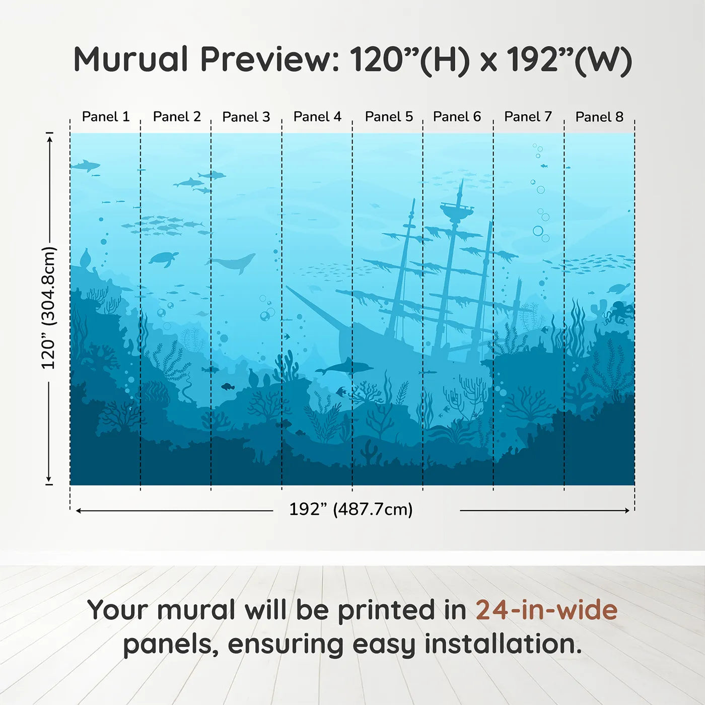 Whimsy Tots Sunken Shipwreck Wall Muraldimension view (120" H x 192" W). Printed in eight 24-inch-wide panels. Gender-Neutral