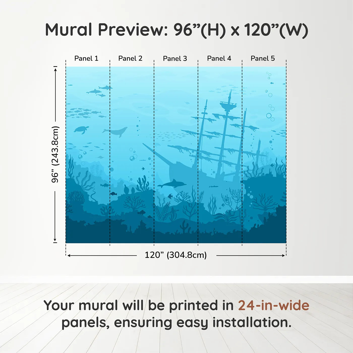 Whimsy Tots Sunken Shipwreck Wall Muraldimension view (96" H x 120" W). Printed in five 24-inch-wide panels. Gender-Neutral