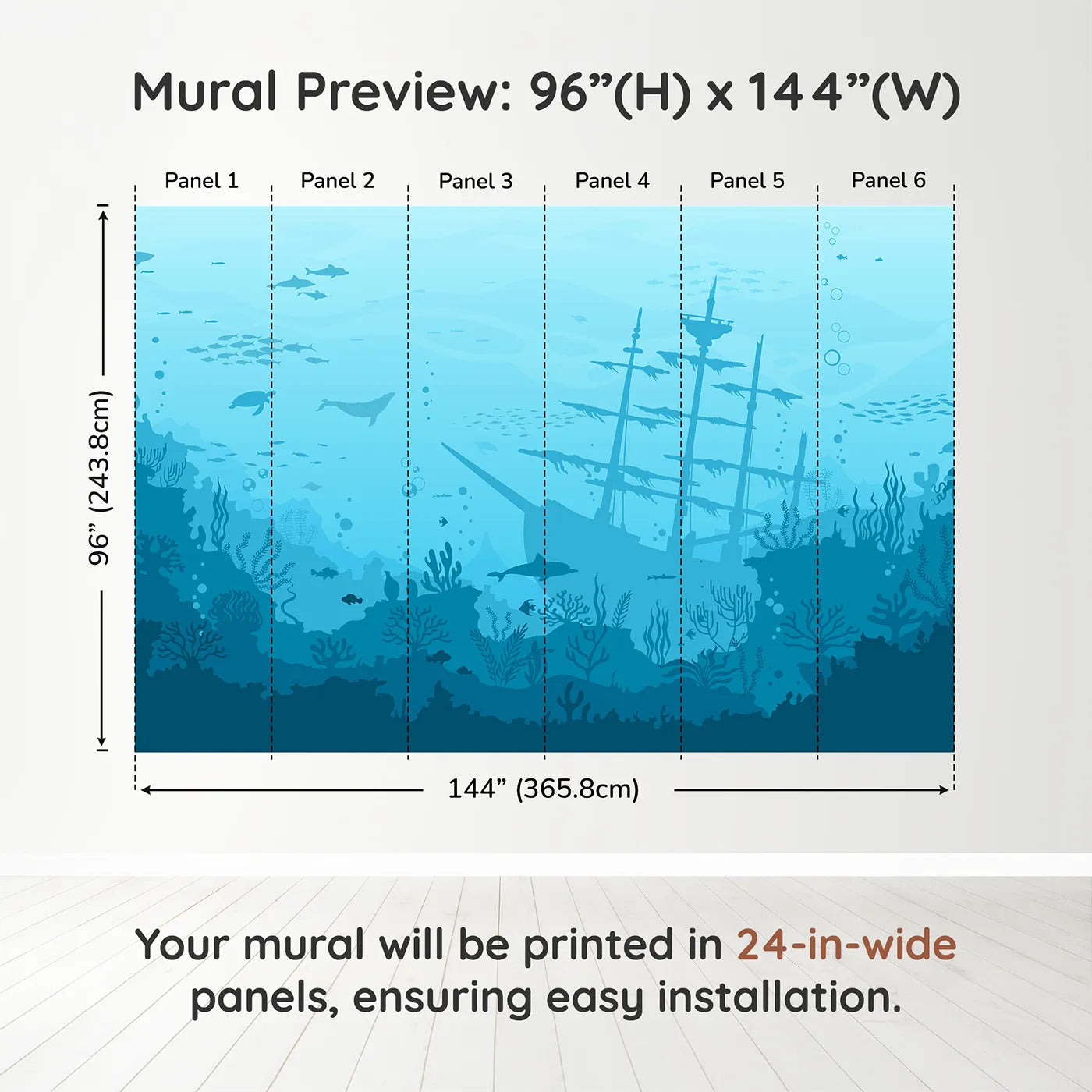 Whimsy Tots Sunken Shipwreck Wall Muraldimension view (96" H x 144" W). Printed in six 24-inch-wide panels. Gender-Neutral