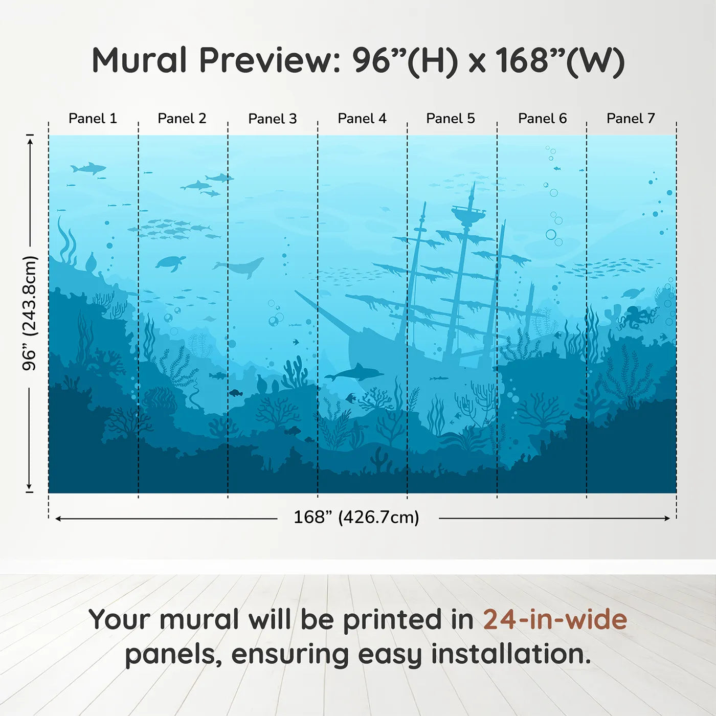 Whimsy Tots Sunken Shipwreck Wall Muraldimension view (96" H x 168" W). Printed in seven 24-inch-wide panels. Gender-Neutral