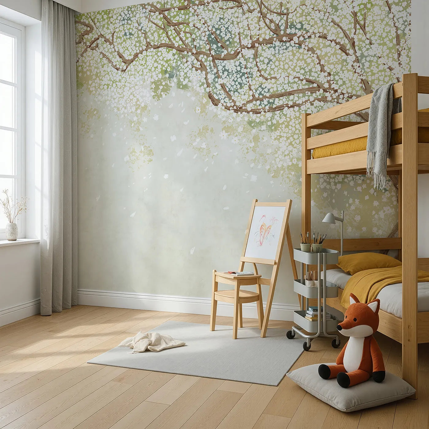 Angled view of Whimsy Tots' White Blossom Canopy Wall Mural (Turn Their Room into a Canopy of Delicate White Flowers).Gender-Neutral