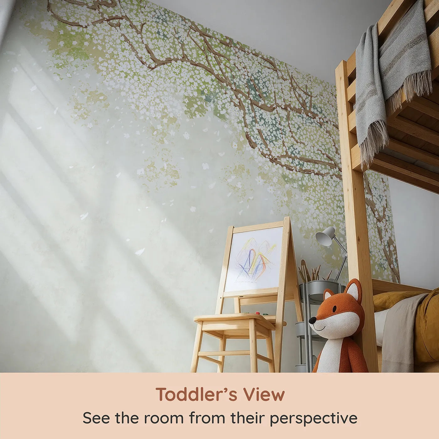 Whimsy Tots White Blossom Canopy Wall Mural (Turn Their Room into a Canopy of Delicate White Flowers) from your child's view.Gender-Neutral