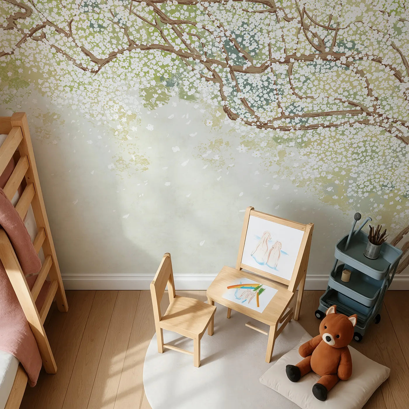 Top-down view of Whimsy Tots' White Blossom Canopy Wall Mural (Turn Their Room into a Canopy of Delicate White Flowers).Gender-Neutral